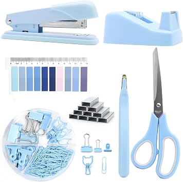OfficeMate Stapler & Tape Dispenser Set - Blue Desk Accessory Kit, Gift for Students, Women, Coworkers, Boss Lady, Office Clerks