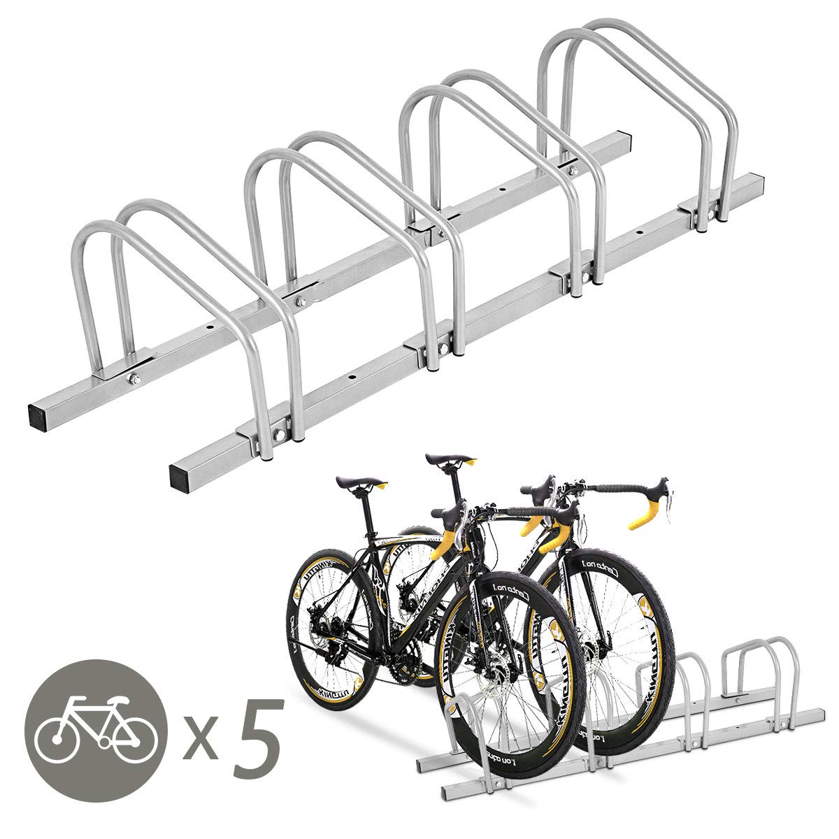 GOPLUS Râtelier Familial pour Vélo, Support de Vélo avec 4/5/6 Places de Rangement pour Parc et Magasins, Porte-Vélos Idéal pour VTT, Vélo Enfant, Vélo de Route (4 Râteliers, Argenté)