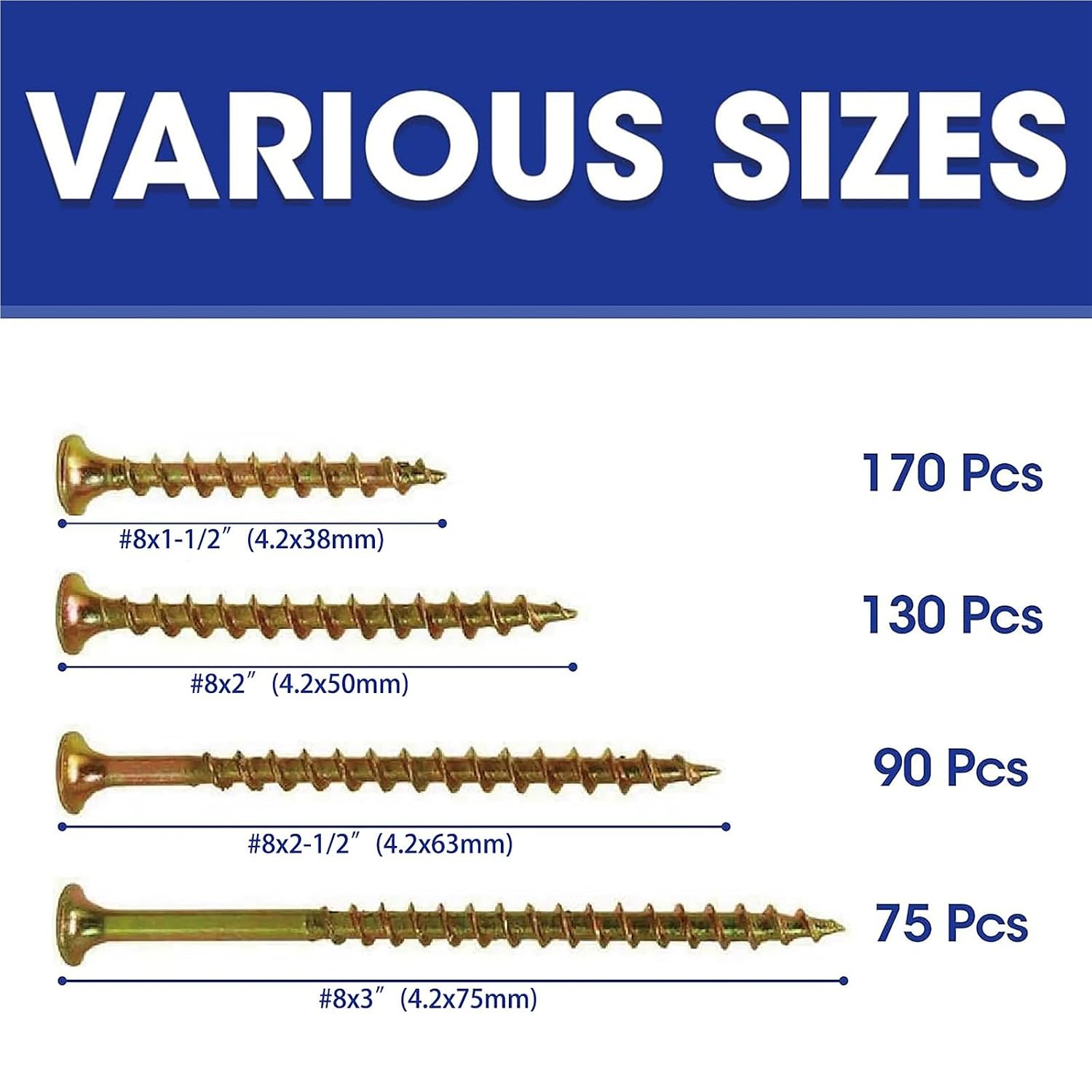 Coarse Thread Phillips Head Yellow Zinc Wood Screws Kit 2Boxes #8x1-1/2 to #8x3