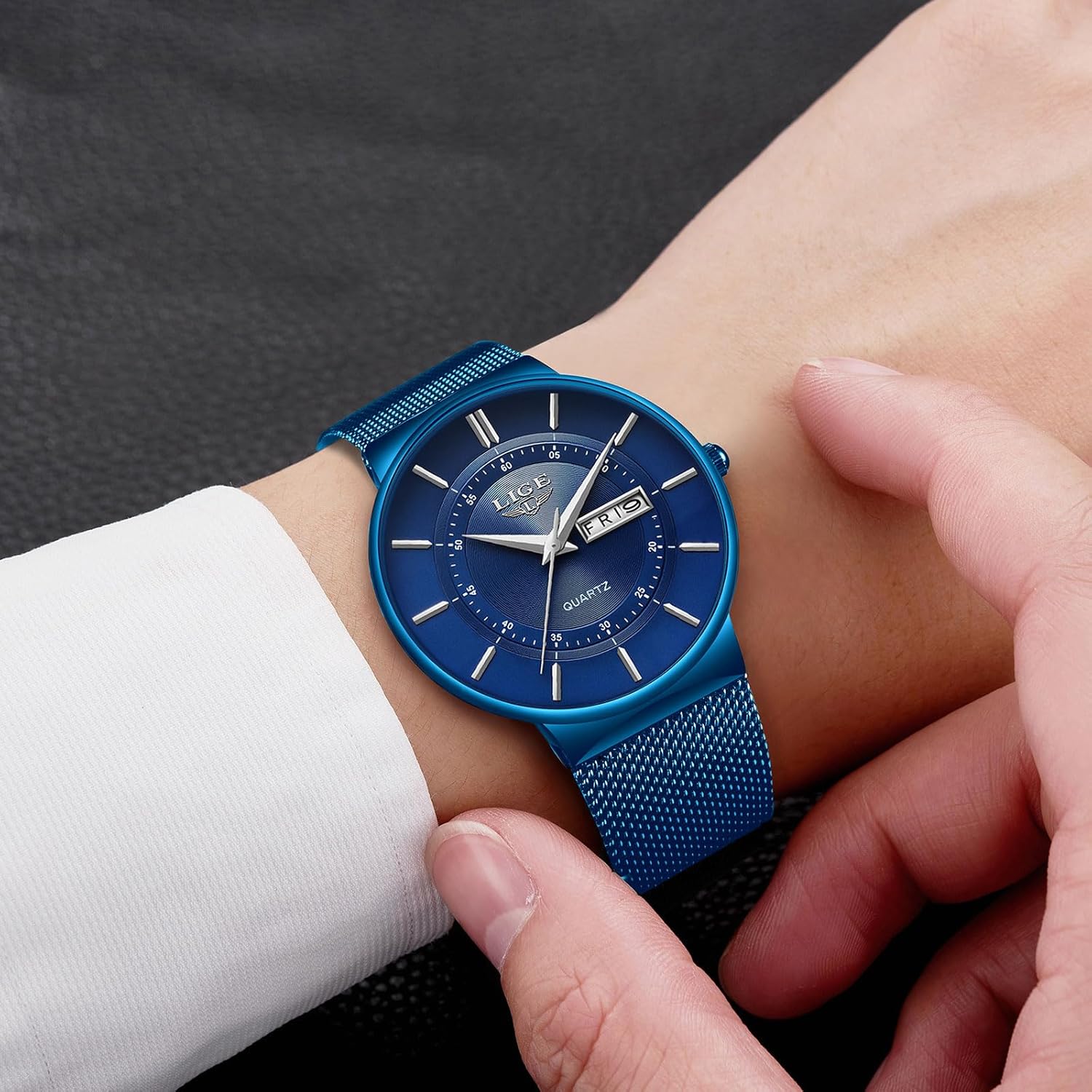 LIGE Stainless Steel Watches for Men Waterproof Wrist Analog Dress Vintage Work Casual 3ATM Water Resistant Quartz with Date Display Mesh Strap Thin Minimalist Analog Design Mens Watch - Image 6