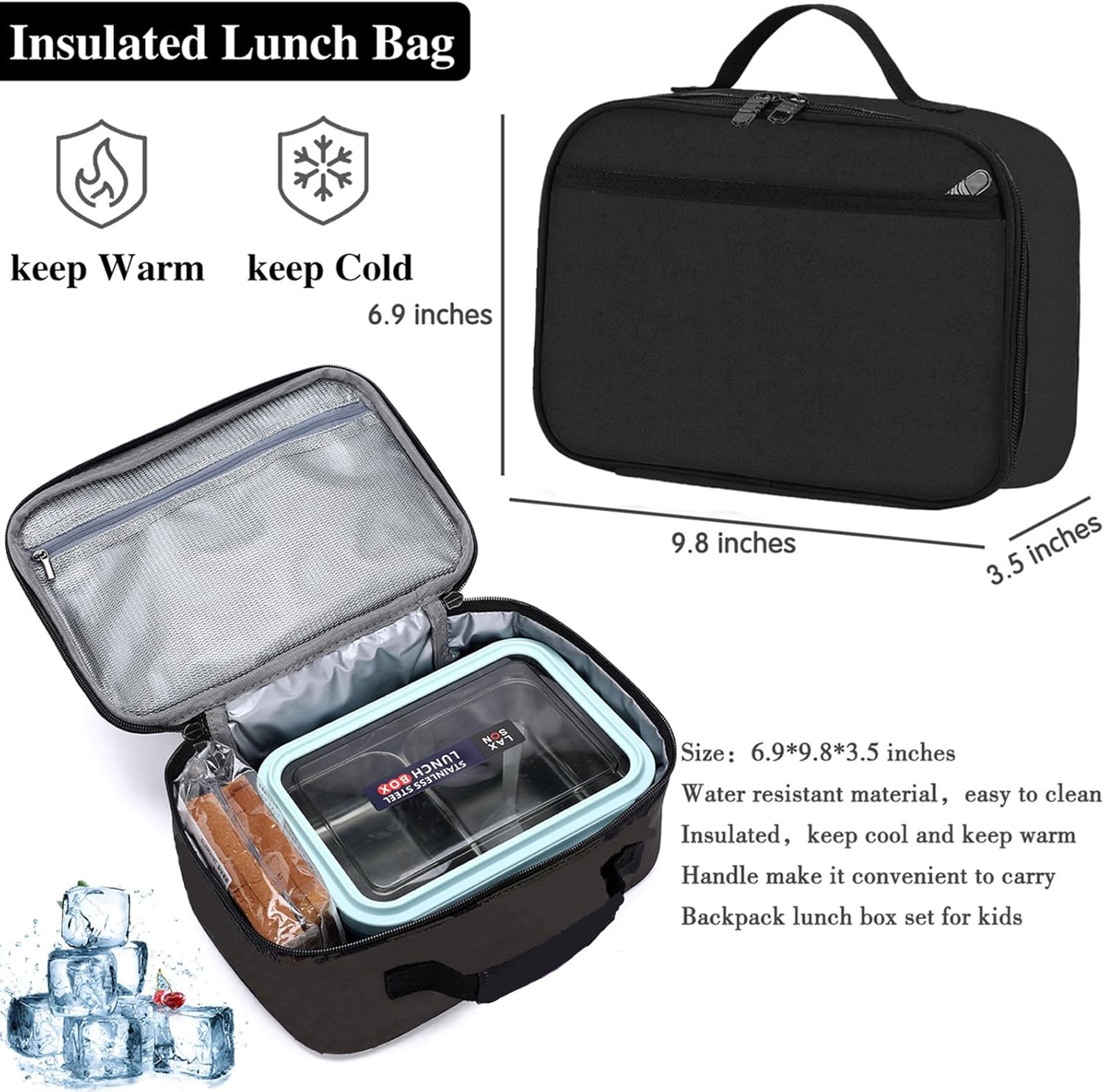 Girls Backpack with USB Charge Port Kid Schoolbag Student Shoulder Bookbag Set with Luch Bag (Black Blue)