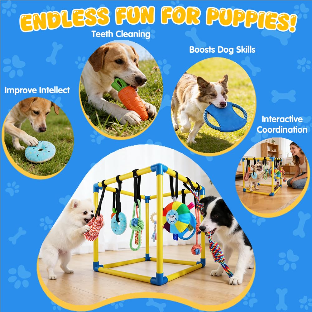 Welpenspielstudio für kleine Hunde mit 10 hängenden Spielzeugen, abnehmbarem Hundeanreicherungsspielplatz, interaktives Hundespielzeug, Dschungel-Fitnessstudio, 49,5 cm Rahmen