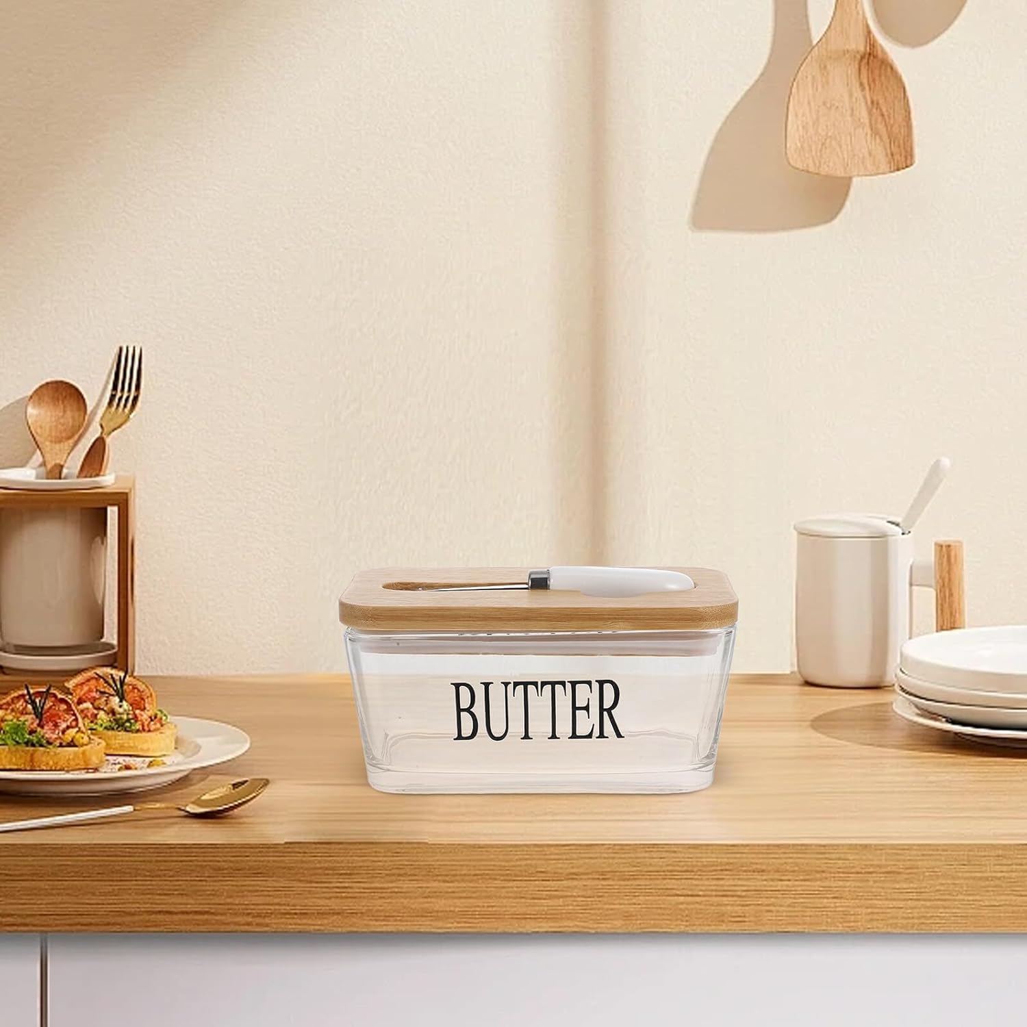 Uonlytech Glass Butter Box with Lid and Knife Storage Vintage Sealed Butter Keeper for Countertop and Refrigerator with Elegant Design