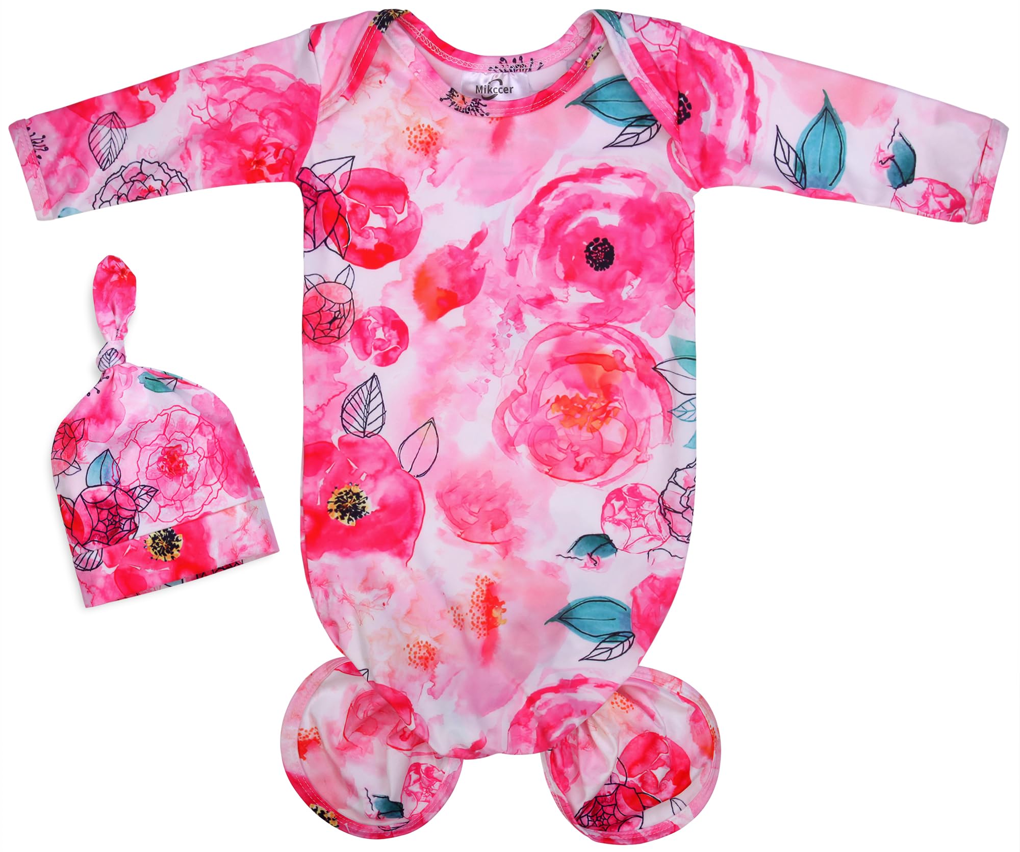 Mikccer Newborn Knotted Gowns for Baby Girl, Floral Baby Sleep Gown Set with Headband, Coming Home Outfit & Baby Gifts for Newborns, Long Sleeve