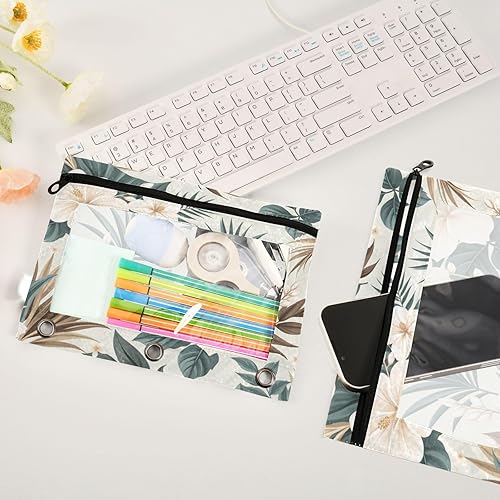 Miniatura 4 de Kcldeci Paquete de 2 bolsas para lápices para carpeta de 3 anillos, hojas de palma verde tropical, salvia, hibisco, flores, estuche para lápices,