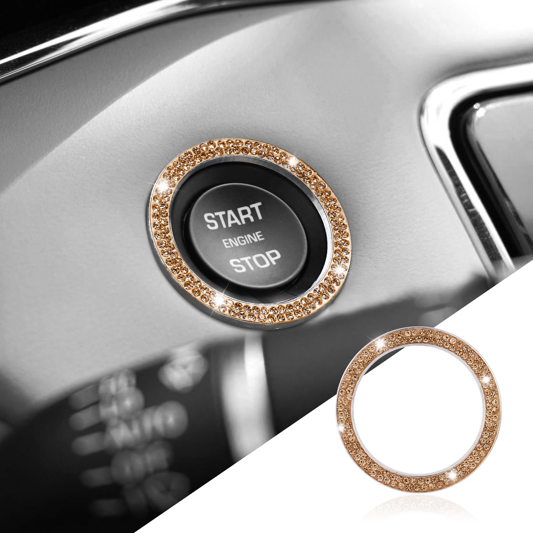 Car Bling Crystal Rhinestone Engine Start Ring Decals, Push to Start Button Cover, Key Ignition & Knob Bling Ring, Key Ignition Knob Bling Ring, Bling Car Accessories for Women