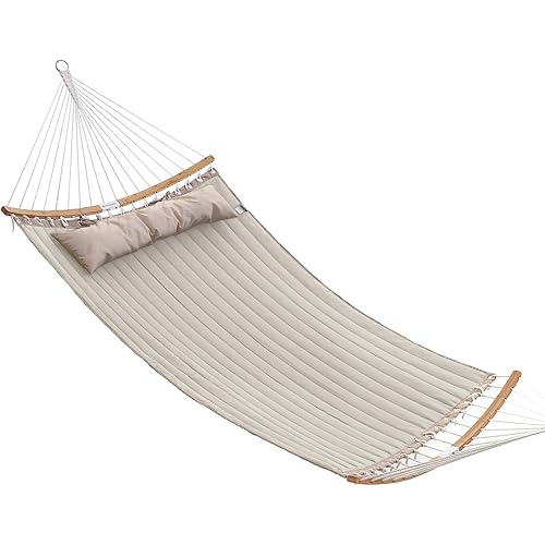 SONGMICS Hammock, Quilted Hammock with Curved Bamboo Spreaders, Pillow, 78.7 x 55.1 Inches, Portable Padded Hammock Holds up to 495 lb, Cream and Beige UGDC34BE
