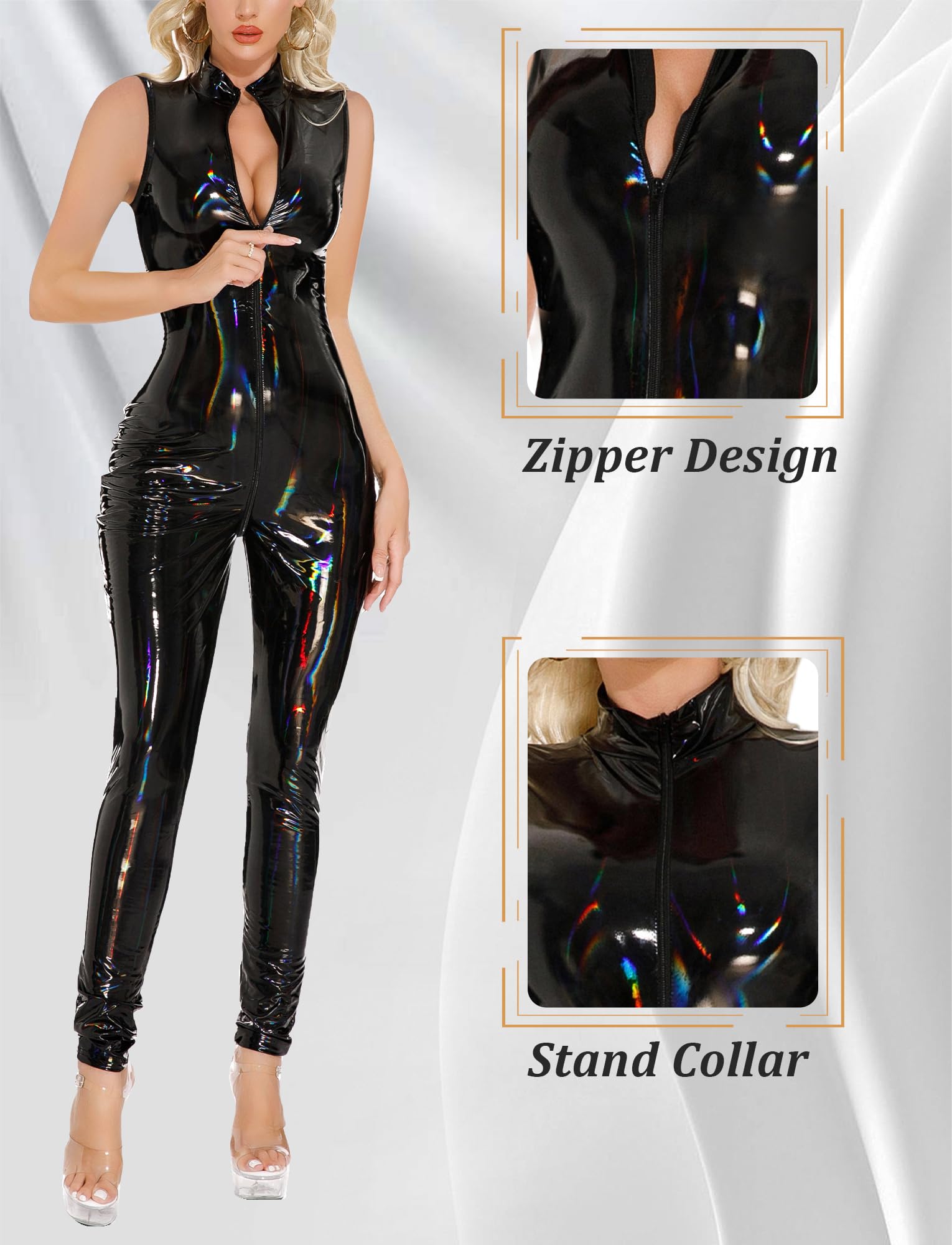 FEOYA Tuta da donna in pelle PU con glitter effetto bagnato, body con pagliaccetto, tuta in pelle laccata, tuta intera Rave Party Halloween discoteca