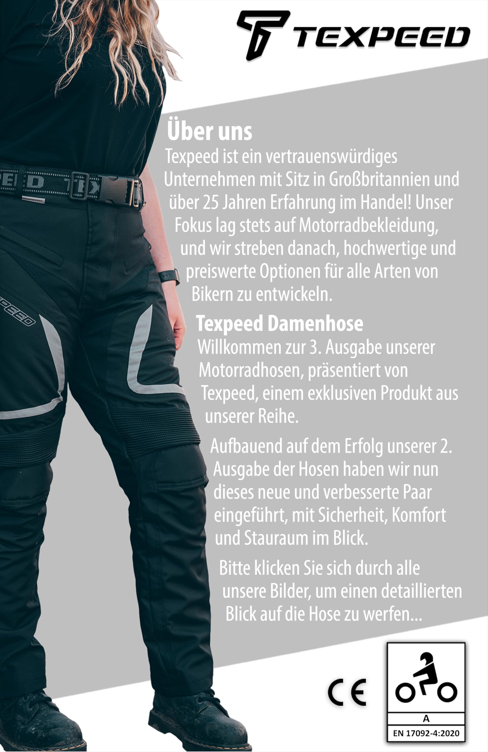 Texpeed Motorradhose Damen Mit Protektoren - Wasserdicht Motorroller Textil Für Sommer oder Winter - Zertifiziert Rüstung (EN 1621-1) Schwarz - M Taille/Regulär Bein