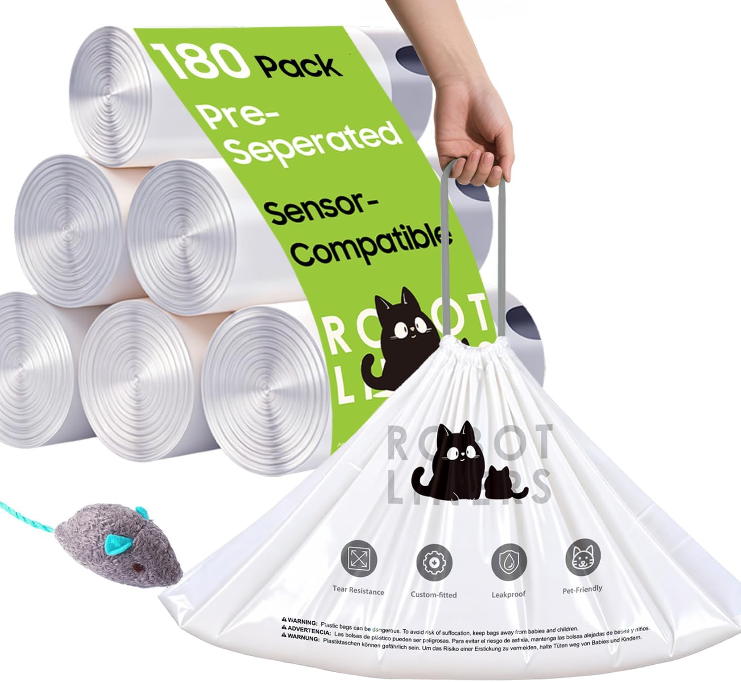 180 Tear-free Bulk Pack Automatic Cat Litter Box Bags, Cat Litter Box Robot 5/4/3 Waste Bags, Thick Heavy Duty Sensor-compatible Litter Box Liner 25.2 X 15.7 IN