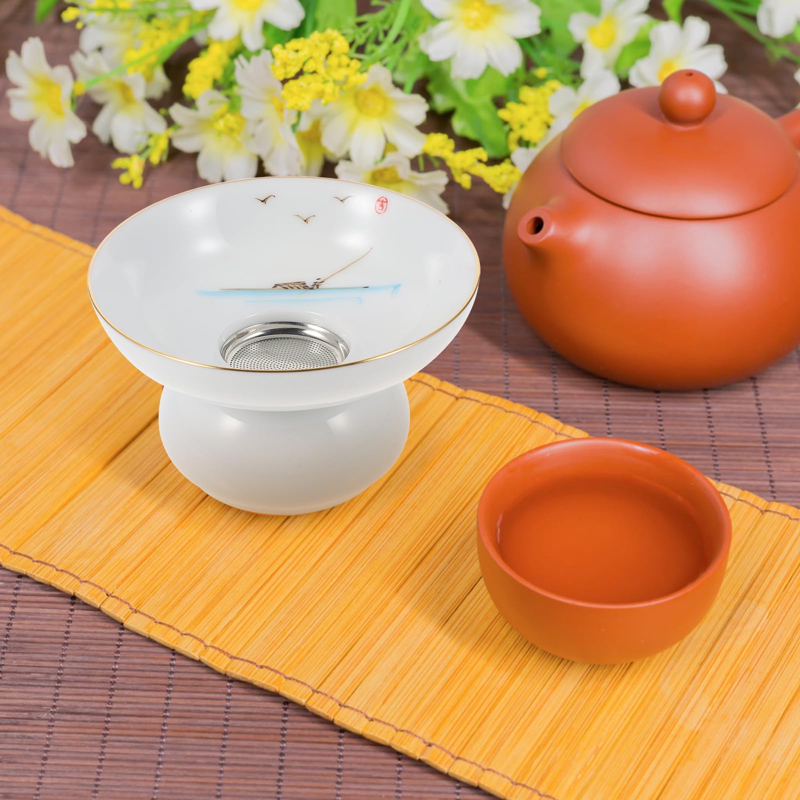 Infuseur à Thé en Céramique Passoire Fine et Support, Accessoire pour Cérémonie de Thé, Filtre Réutilisable pour Maison et Bureau, Style Classique Blanc