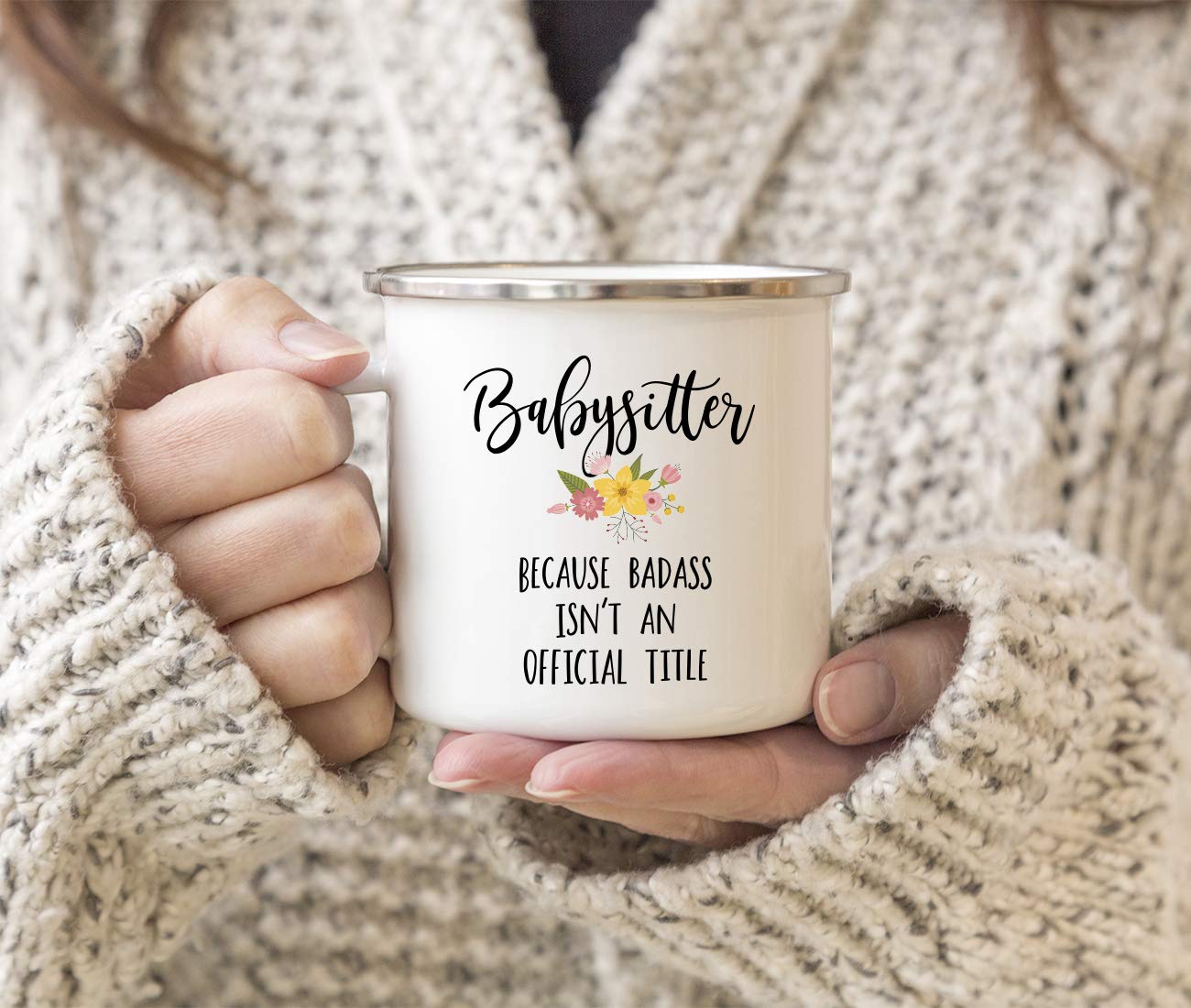 Andaz Press 11oz. Stainless Steel Campfire Coffee Mug Gift, Babysitter Because Badass Isn't an Official Title, Floral, 1-Pack, Enamel Metal Camping Camp Cup Christmas Birthday Present Ideas