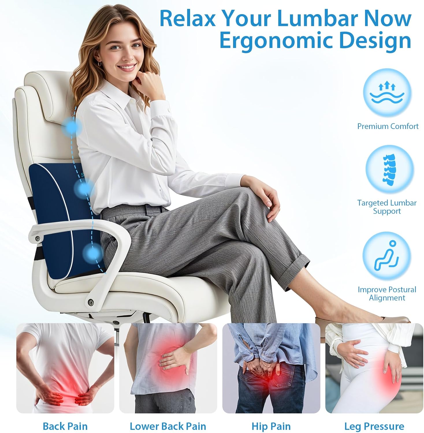 SweetSlubr Large Lumbar Support Pillow for Office Chair, Car Seats and Home Desks, Ergonomic Back Support with Double Adjustable Straps, Machine Washable Cover, Gray