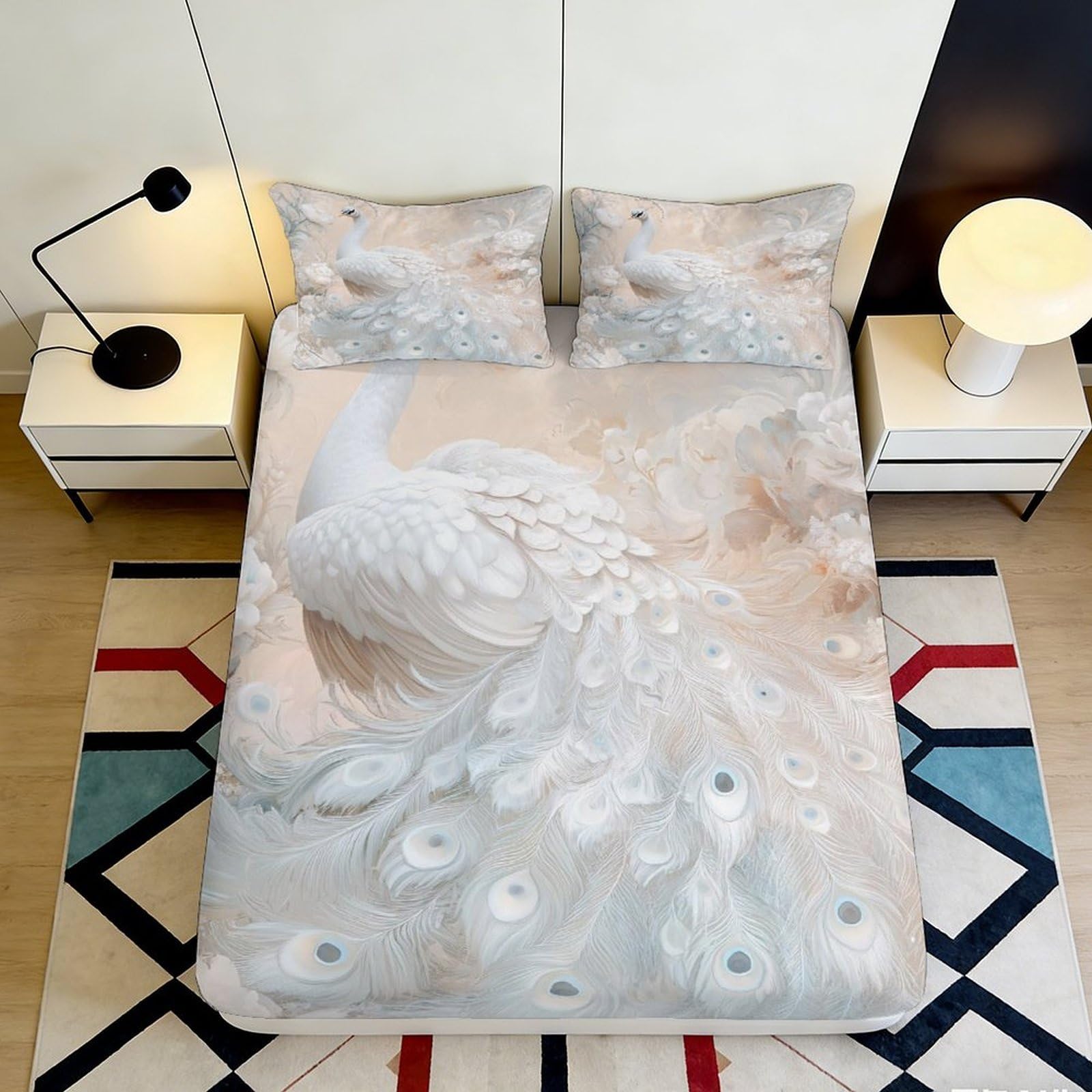 Uxinyoume Style-3 3D Printed White Peacock Fitted Sheet Microfiber Soft Breathable Elegant Feather Bed Cover For Bedroom Dorm Decor 90X200x25cm