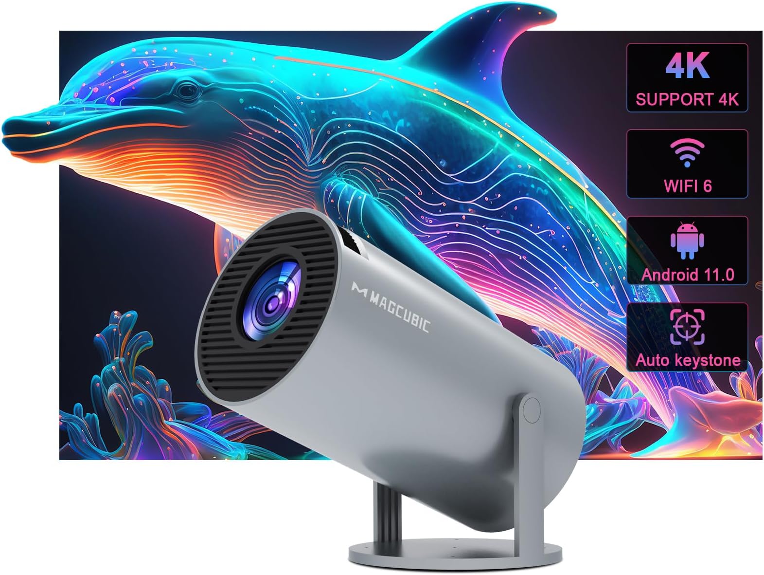 Magcubic Mini Portable Keystone Projector, 4K/200 Ansi Smart Video Projector With Wifi 6, Bt 5.0, 130 Inch, 180 Degree Rotation, Android 11.0 Integrated Operating System, Grey