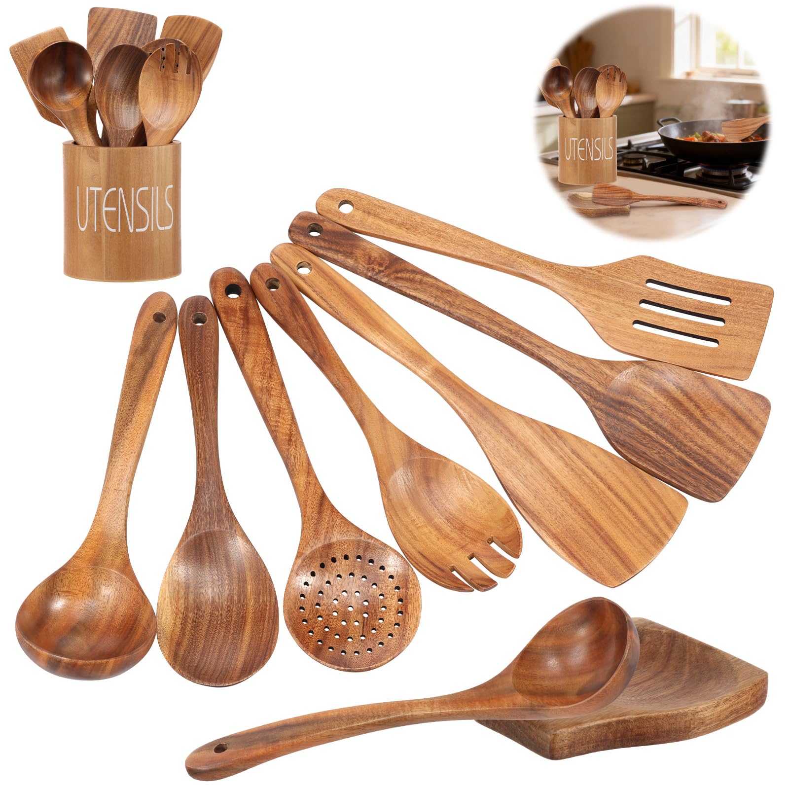Kochlöffel Teakholz Küchenutensilien Set 9-Teiliges Massivholz Kochlöffel & Pfannenwender Kratzfreies Holzgeschirr für Beschichtete Pfannen inkl. Utensilienhalter & Löffelablage