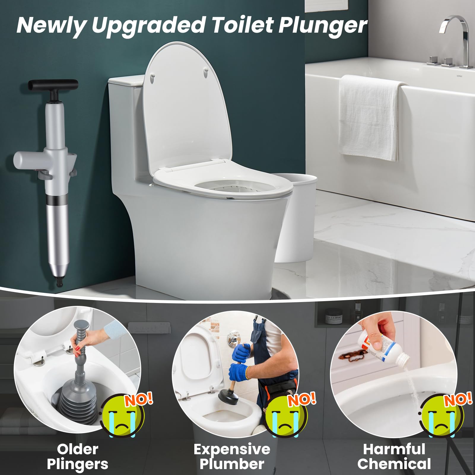 LightingWill Ensemble de déboucheur de toilettes haute pression robuste avec un support et 4 têtes remplaçables, outils de débouchage de toilettes pour déboucher le drain de sol et le bouchon de tuyau