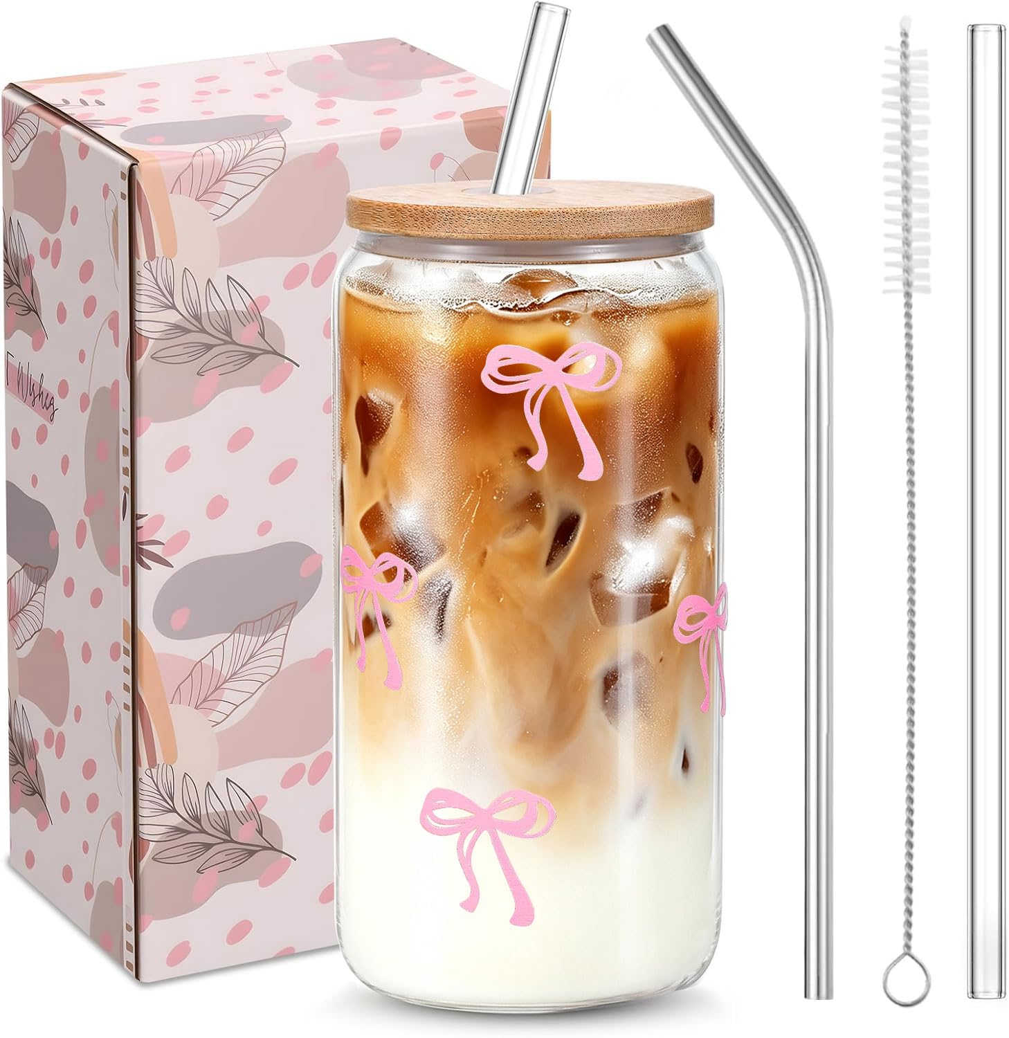 16oz Coquette‑Style bow cup, Pretty cute cup, Complete‑Set glass iced coffee cup with straw and lid, Included Brush, Elegant ice coffee glass, Ideal for Girls and Bridesmaid Gifts