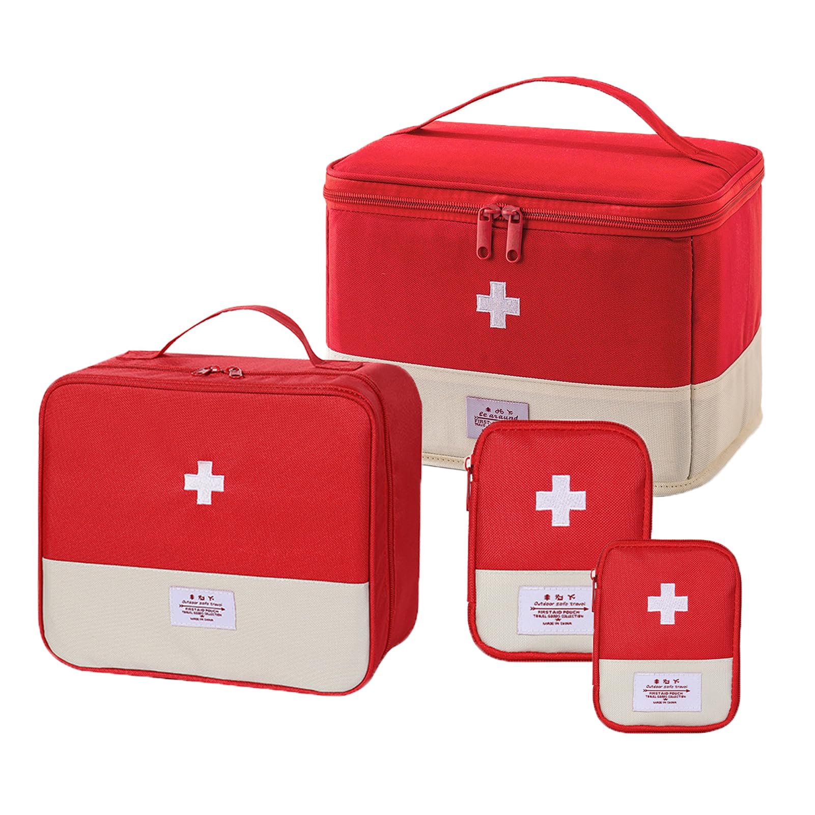 SOOFAM 4 PCS Portable First Aid Kit Empty，Emergencyy Medicine Storage Bag with Handle，Pill Manager Travel Bag， Reusable Medical Kits Empty Rescue Bag，Medicine Tools Travel Storage Bag (Red)