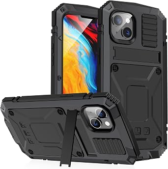 Shockproof Case for iPhone 14 Pro Max/14 Plus/14 Pro/14, Dust-Proof Waterproof Metal Phone Cover with Kickstand and Supports Wireless Charging Military Dropproof Case,Black,14 Plus 6.7"