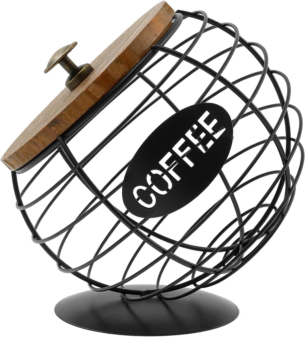 Iron Coffee Pod Holder with Wood Lid, Large Capacity Coffee Pod Storage Basket, Innovative Spherical Shape, Metal Coffees Pods Storage Basket for Kitchen Countertop(Black)