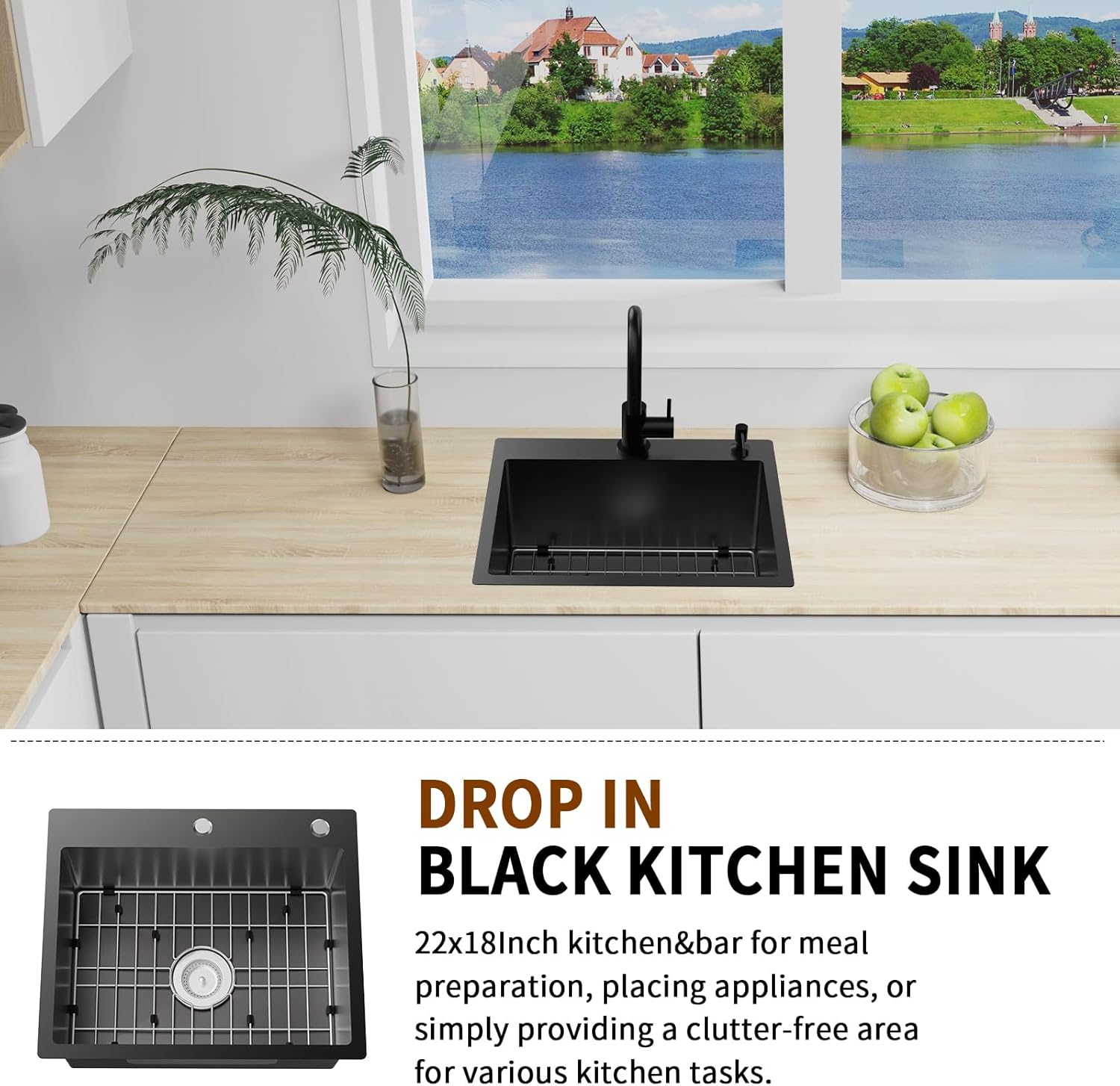 Black 22x18 Inch Kitchen And Bar Sink - Stainless Steel Drop In Small Single Bowl Kitchen Sink With Bottom Grid,Silicon Mat And Drain Assembly Set
