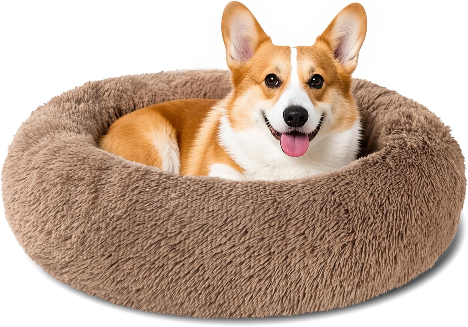 Dog Calming Beds for Small Medium Large Dogs – Round Donut Washable Dog Bed, Anti-Slip Faux Fur Fluffy Donut Cuddler Anxiety Cat Bed(28″ Khaki