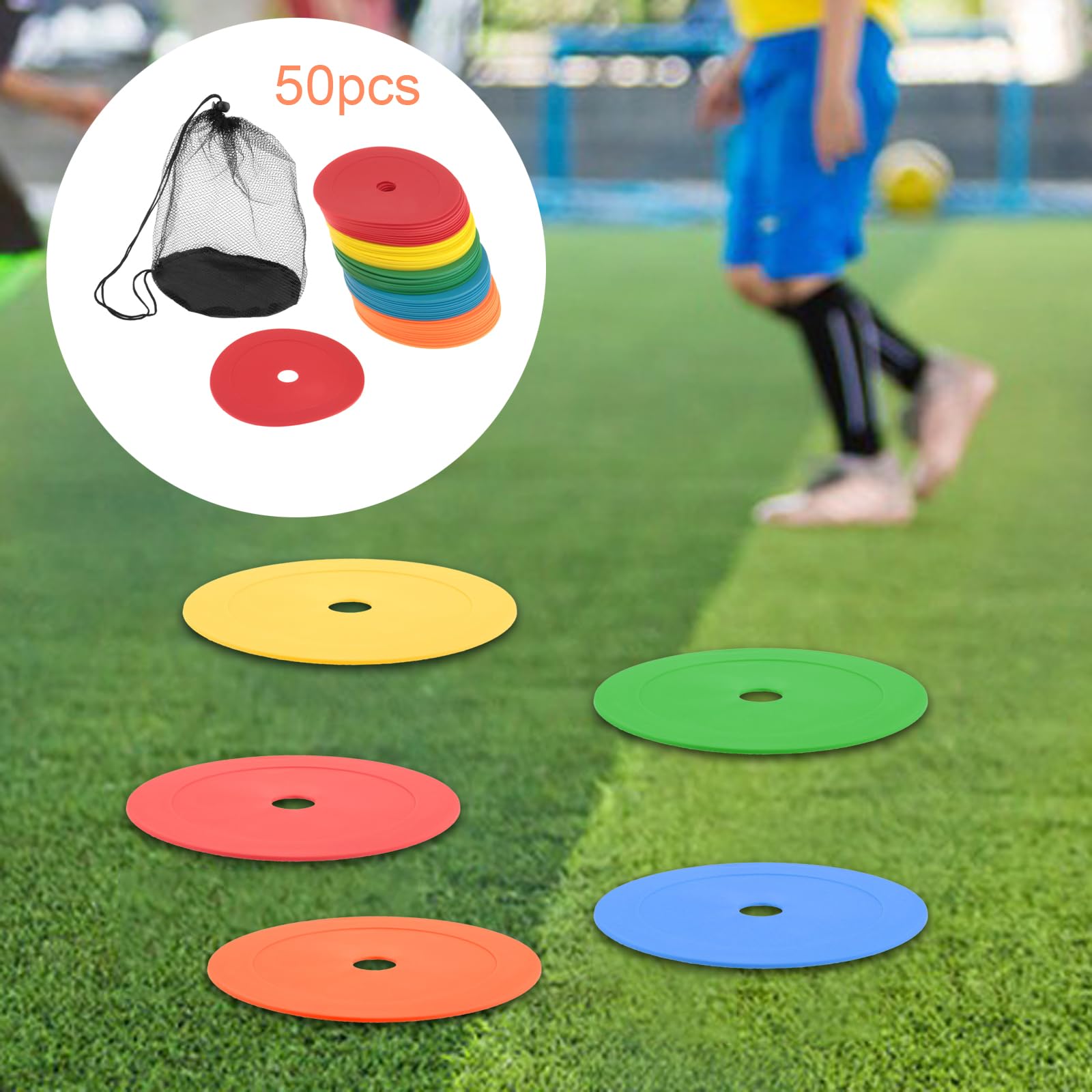 perfk Lot de 50 Cônes Plats Antidérapants de 15,3 cm, Plots de Marquage pour Football Cône, Plots Sport avec Sac en Filet, pour Le Football, L'entraînement Sportif, Le Volley-Ball et Le Basket-Ball