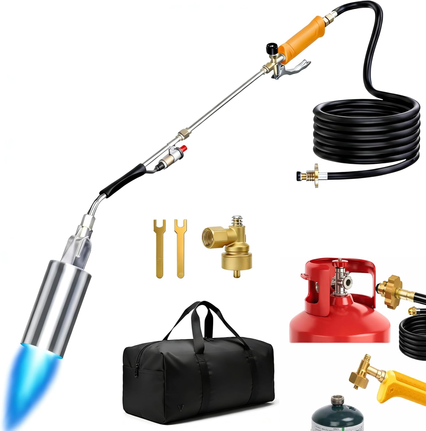 Propane Torch Weed Burner, 1,800,000 BTU Heavy Duty Flame Control Blow Torch with 12.5FT Hose, Flame Thrower Gun with Long/Short Mode for Garden Weed, Roof Asphalt Work, Ice Melting