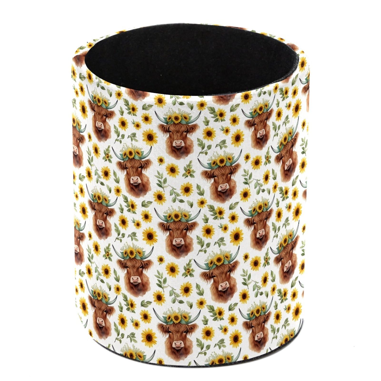 HEOEH Highland Cow Sunflower Pen Holder for Desk, PU Leather Pencil Holder Pen Cup Marker Holder Makeup Brush Holders, Desk Accessories & Workspace Organizers for Home, Office