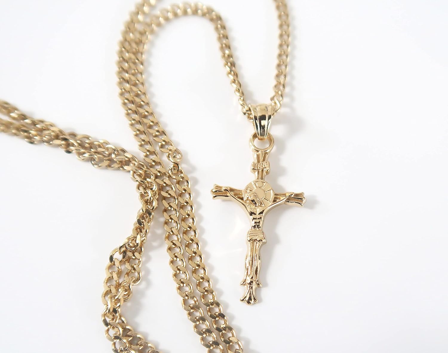 14K Gold INRI Crucifix Chain Small Cross Pendant Necklace Solid Clasp for Women, Men, Wife, Husband, Thin for Charms Miami Cuban Link Baptism Religious Gift for him her - Image 2