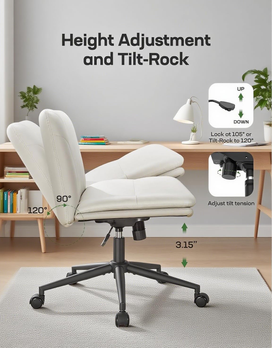 Marsail Armless-Office Desk Chair with Wheels: PU Leather Cross Legged Wide Chair,Comfortable Adjustable Swivel Computer Task Chairs for Home,Office,Make Up,Small Space,Bed Room, Gray Beige - Image 7