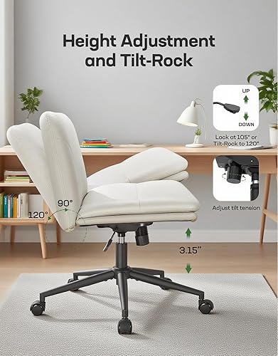 Miniatura 7 de Marsail Silla de escritorio sin brazos con ruedas Silla amplia de cuero PU con piernas cruzadas, sillas de tarea giratorias ajustables y cómodas