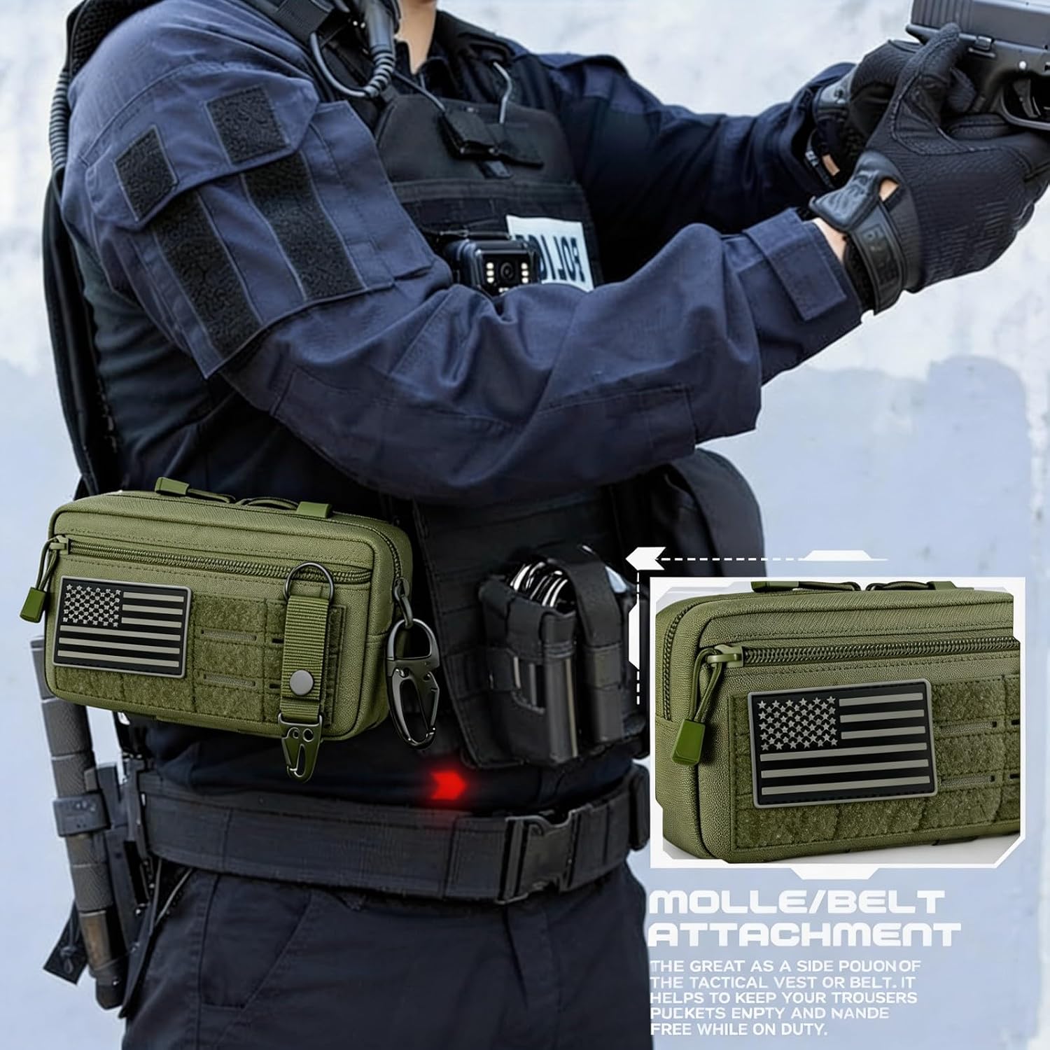 Tactical Molle Pouch,EDC Tool Pouch with Belt and D Ring US Flag Patch Keychain Utility Laser Cut