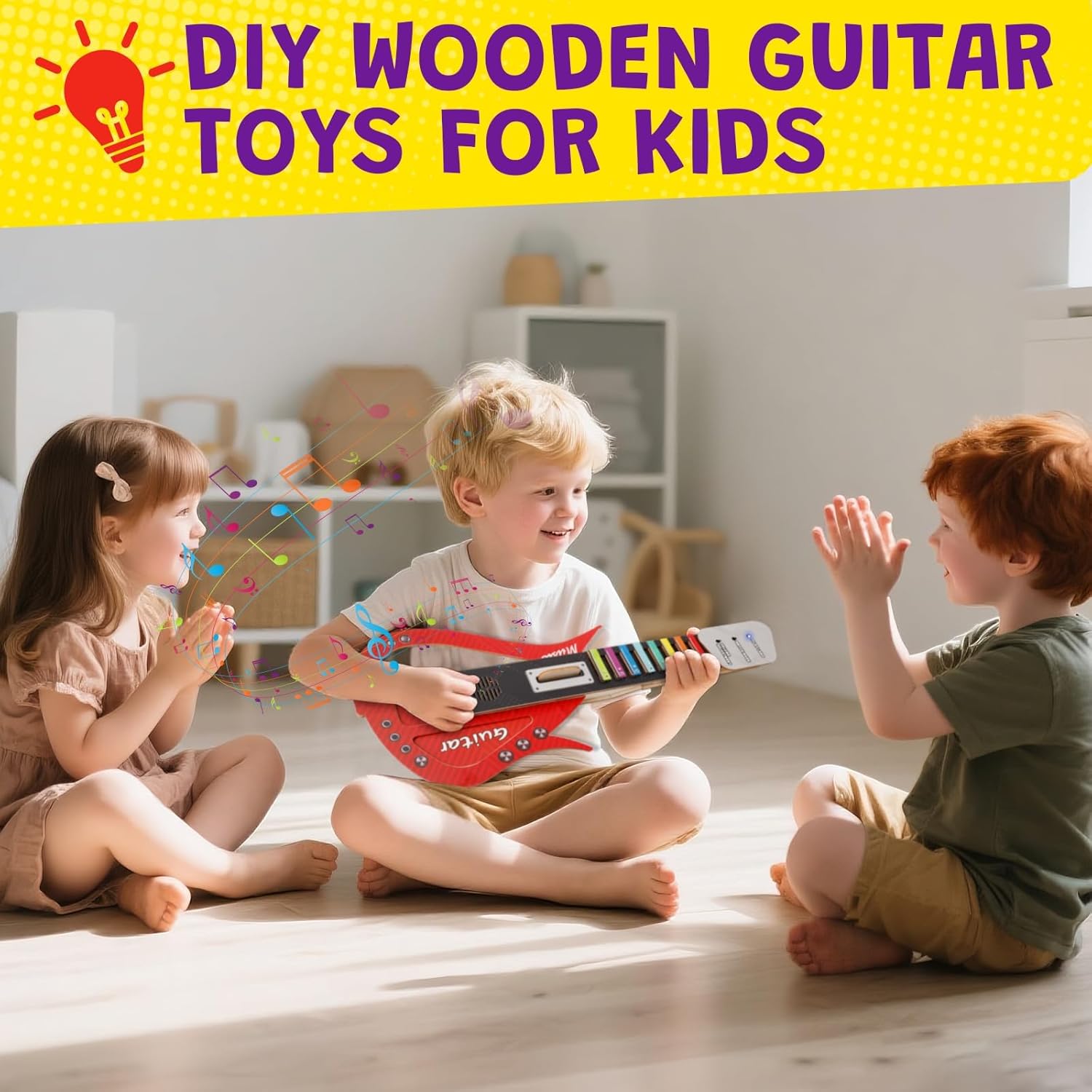 SkilLify Guitar Toy for Kids, 3-in-1 Musical Instrument Toy, Keyboard Piano & Bass Sounds, DIY Electronic Wooden Play Guitar Kit for 5-12 Year Old Children Boys Girls Gifts(Red)