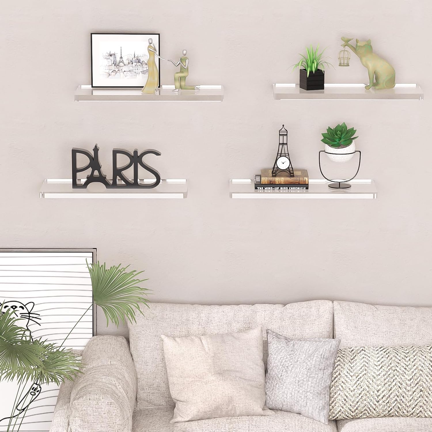 4 Tier Acrylic Floating Shelves for Wall 15.5 Inch Clear Invisible Storage Set Wall Mounted Organizer for Bathroom Kitchen Living Room Bedroom Holds 15lbs