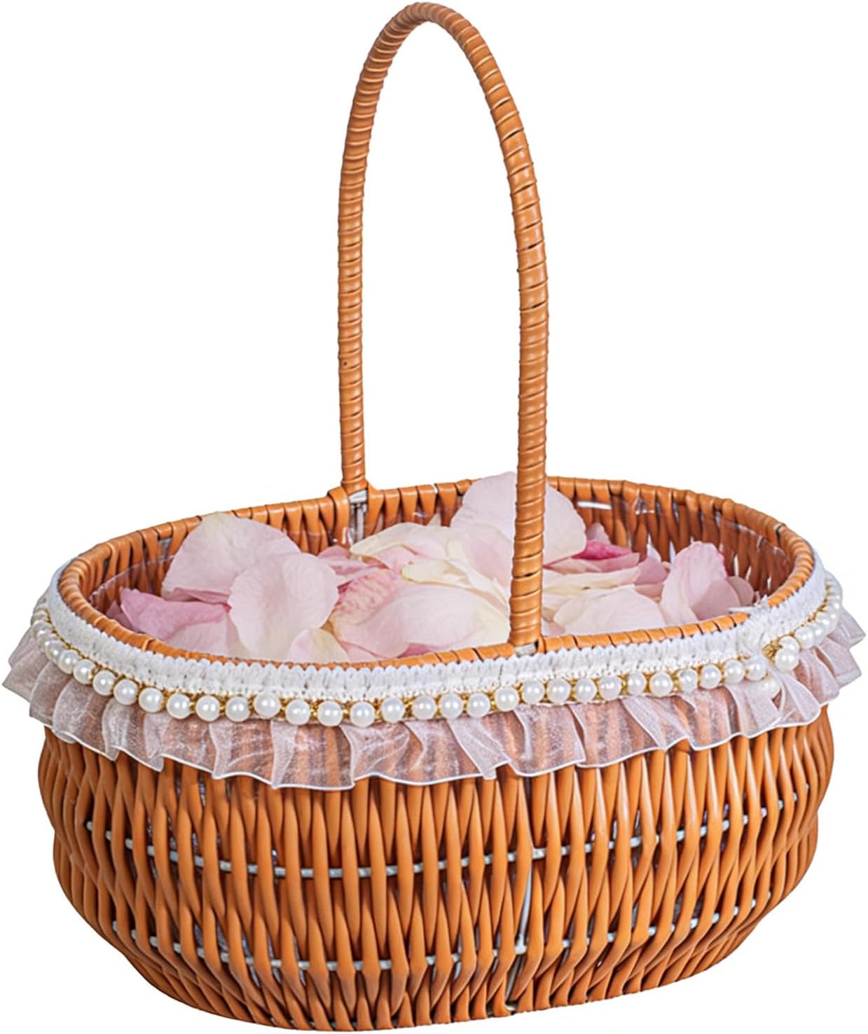 11.8X8.7X5.5In Wedding Flower Girl Basket with Pearl Chain, Brown, Woven Design