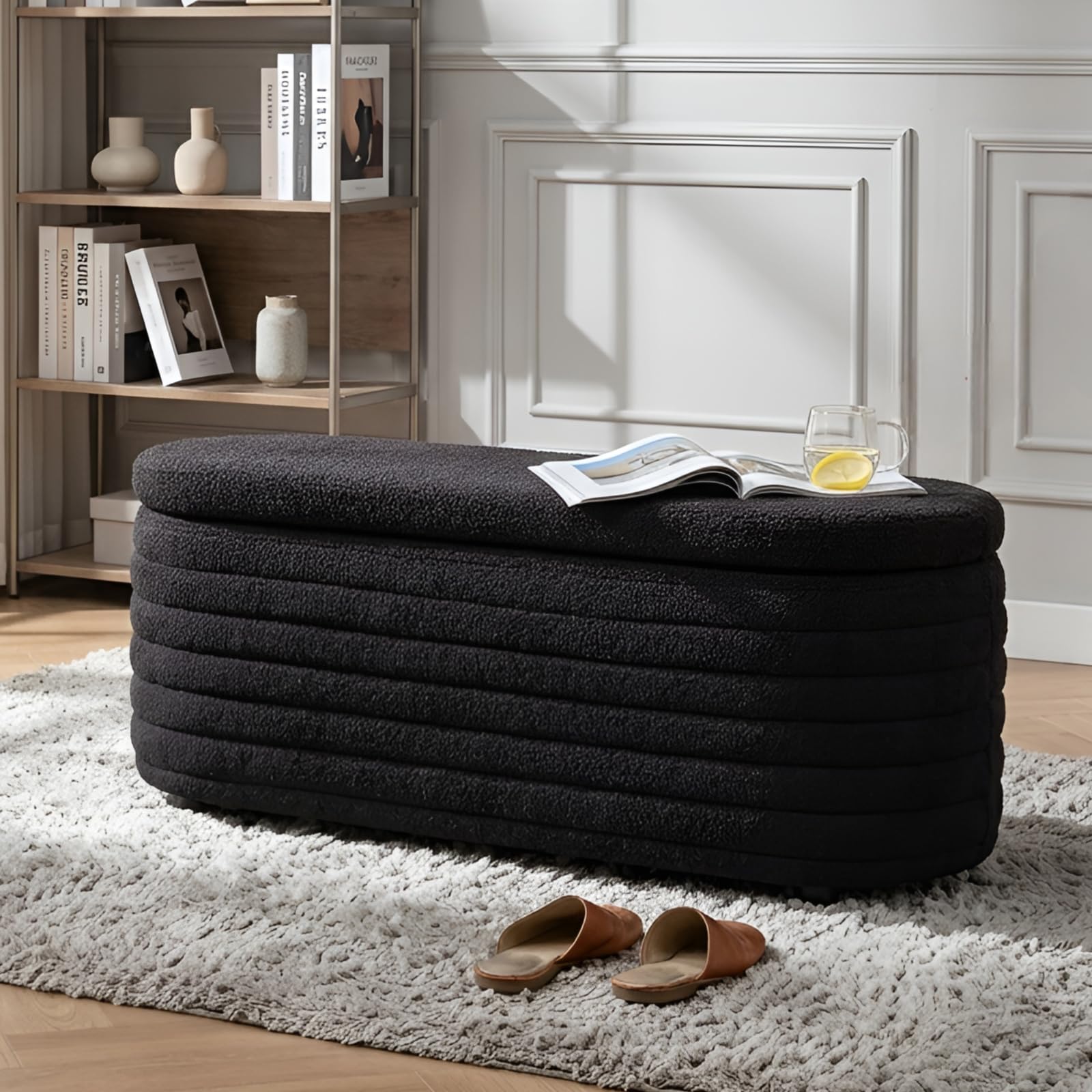 Ya-Home Banco con Almacenamiento de Piel Sintética Negro, Baúl Zapatero Multifuncional con Cojín Acolchado, Asiento para el Pie de la Cama, Recibidor, Salón – hasta 300 lbs de Carga, 115 cm