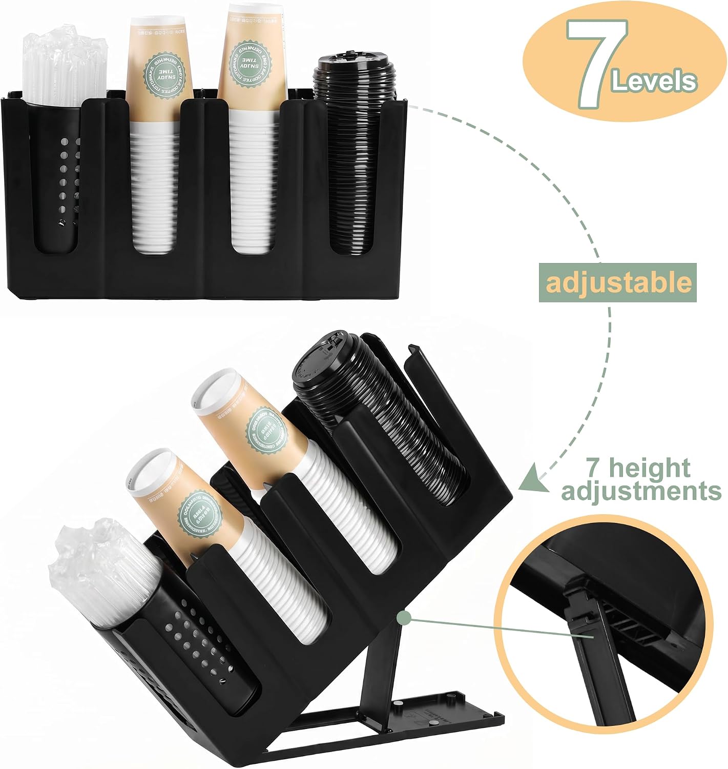 Paper Cup and Lid Holder with Straw Organizer, 4-Compartment Countertop Disposable Coffee Cup Dispenser, Space Saving Coffee Station Organizer for Home Bar,Kitchen,Restaurant,Breakroom,7 Adjusting image 5