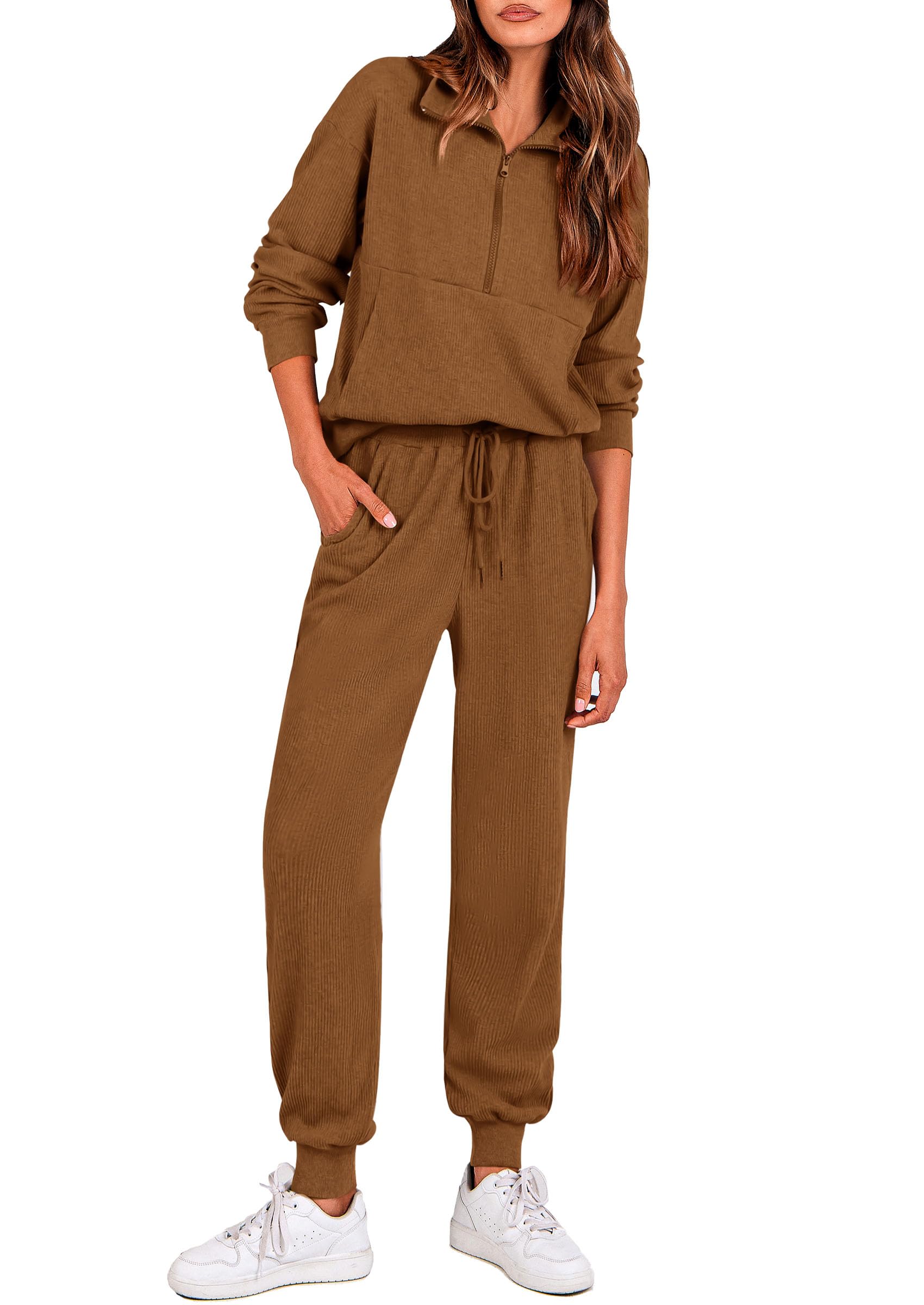 PRETTYGARDEN Airport Travel Outfit Women Ribbed Knit Matching Lounge Sets