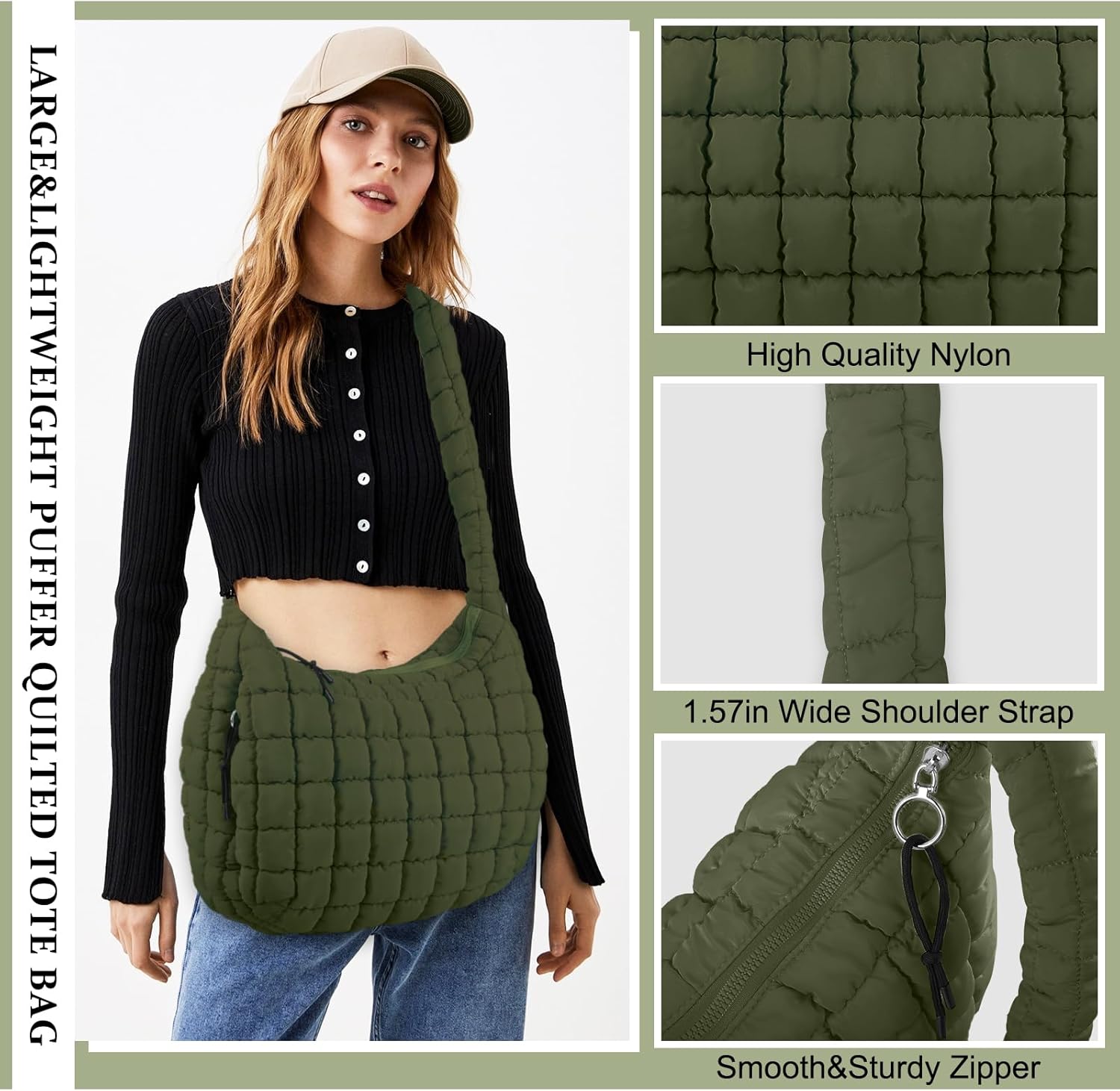 Quilted Puffer Tote Bag Purse Puffy Crossbody Shoulder Bag,Lightweight Nylon Hobo Bag Puffer Carryall Bag for Women Girl - Image 3