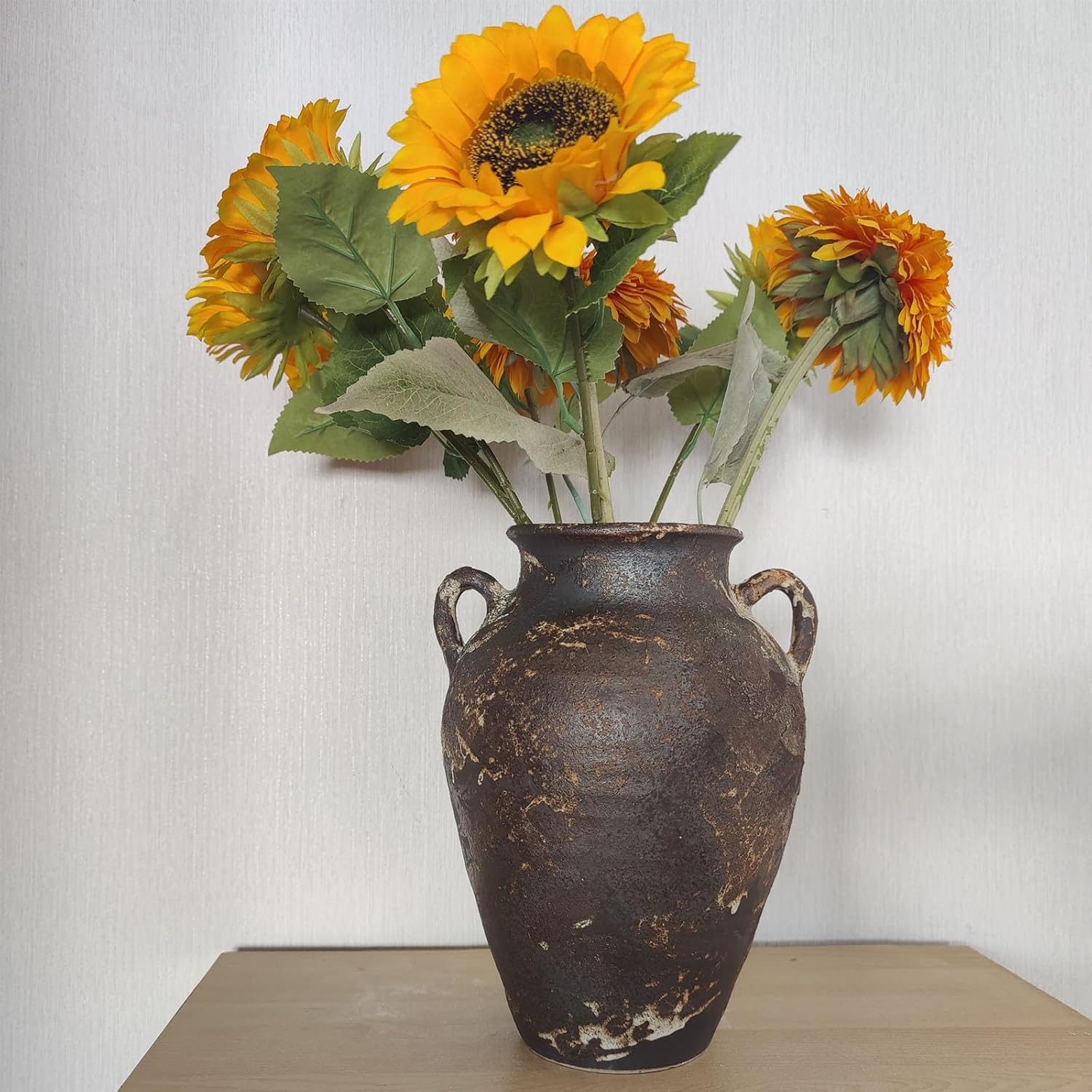 Black Pottery Vase - 10" Rustic Farmhouse vase, Vintage Weathered Terracotta Vases, Handmade Clay vases with Two Handles, Tall Textured Antique Vase for Home Decor, Entryway, Fireplace Mantel Decor