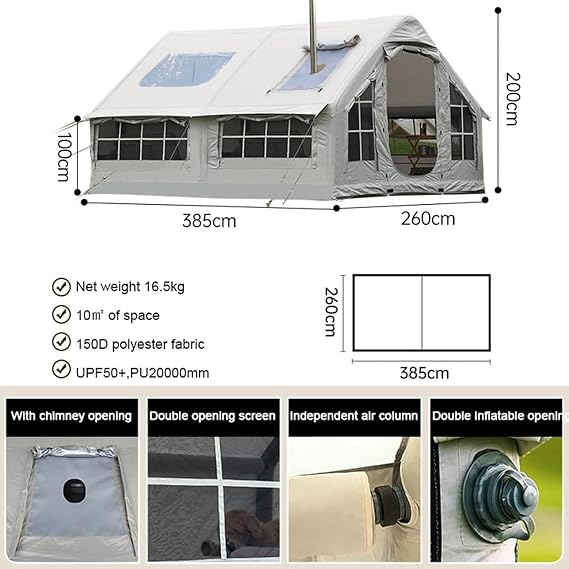 Blow Up Tents 6-8 Man Inflatable Camping Tent, 10㎡ Large Glamping Tent with Stove Hole, Quick To Set Up,Easy Setup Large Family Air Tents 4 Season 3000mm Waterproof Pop-Up Pump Up House,
