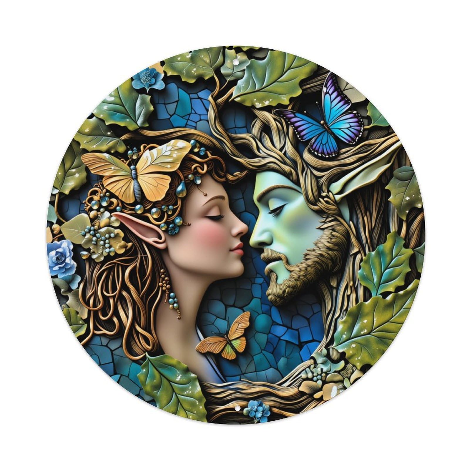 Wmlzdnwr Vintage Fantasy Couple Nature Butterflies Leaves Mosaic Art Round Tin Sign,Retro Wall Art,Metal Poster For Home, Bar, Garage, Cafe, Rustic Indoor & Outdoor Decor, 8X8 Inches