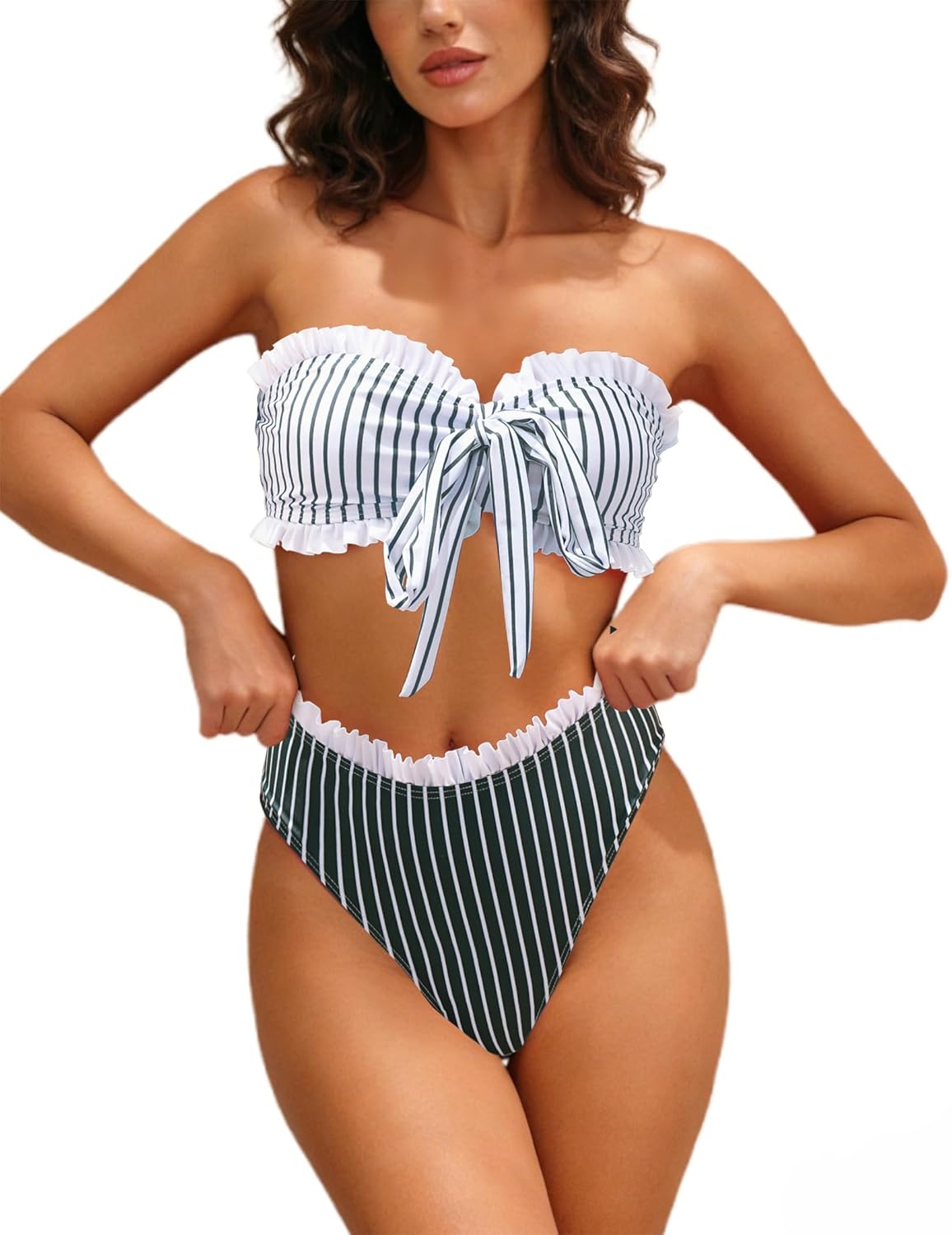 HYPERFIRE Women's Strapless Tube Bandeau Bikini Sets Bow Front High Waist Two Piece Swimsuit