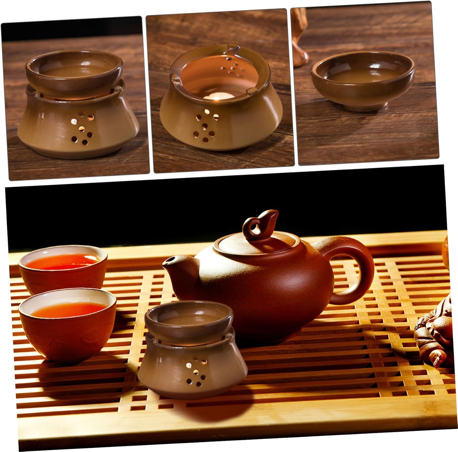 Japanese Ceramic Tea Warmer with Rustic Design Candle Heating Base and Cup for Tea Lovers for Home Decor and Creating Cozy Atmosphere