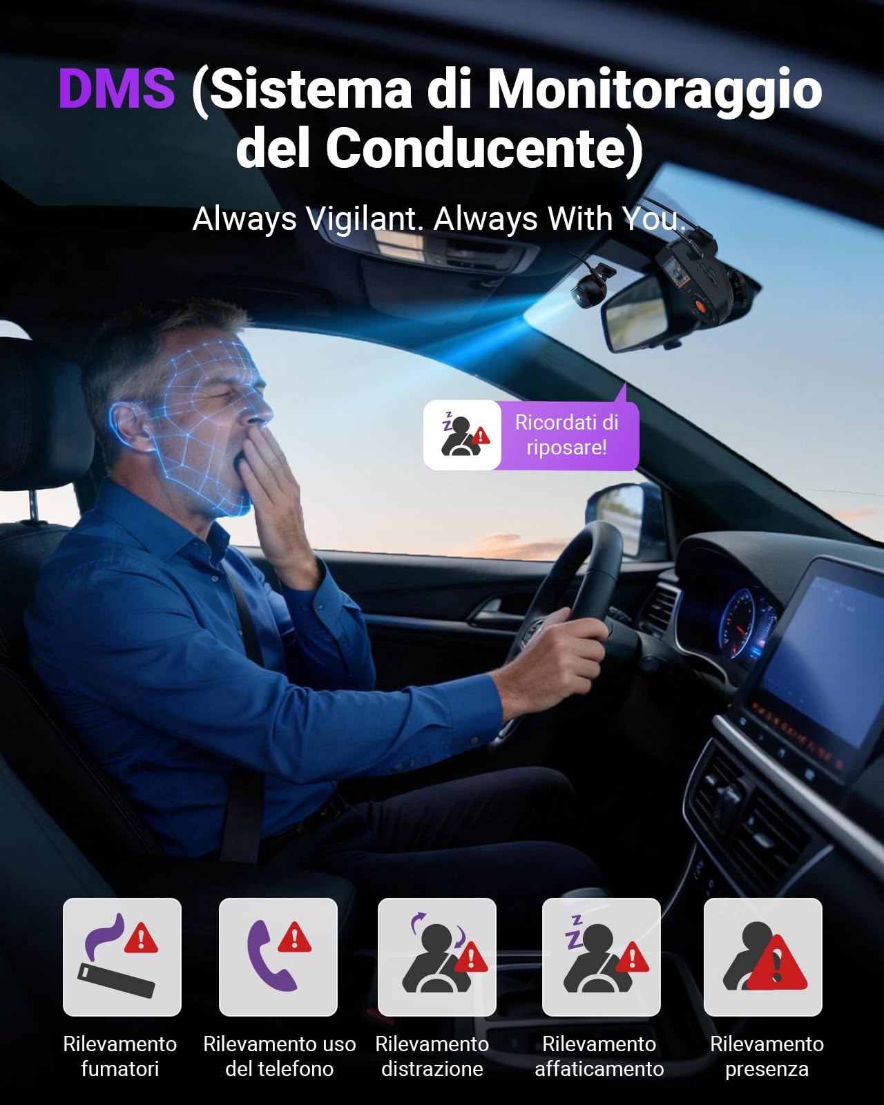 VANTRUE S1 Pro DMS Dashcam con ADAS per Taxi, Telecamera Auto Fronte e Interno 2.7K con Avviso Collisione e Rilevamento Stanchezza, Visione Notturna STARVIS 2, WiFi 5GHz, Conforme al RGPD