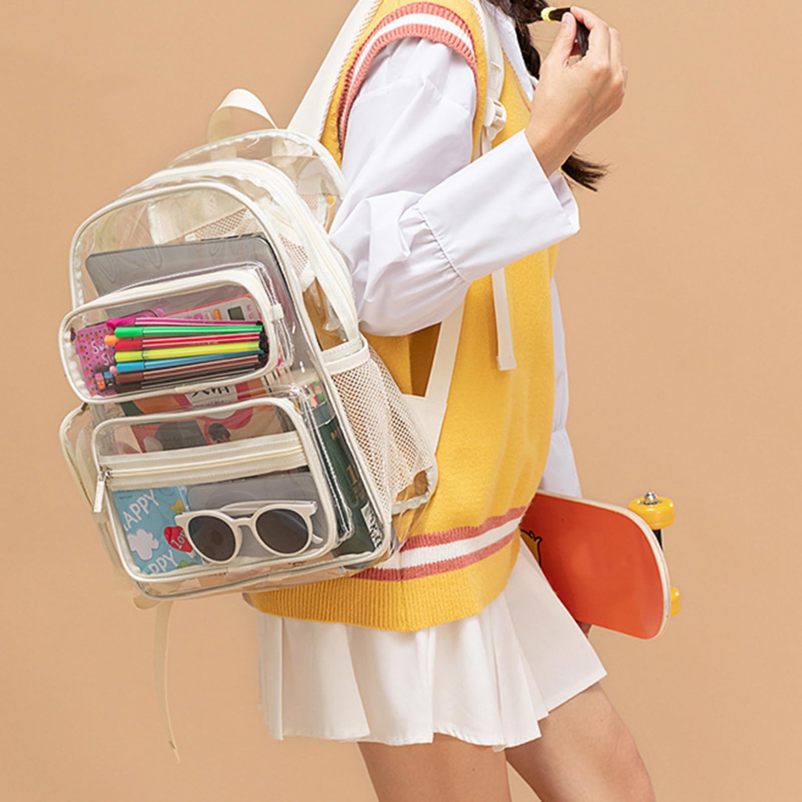 Elegante zaino da scuola trasparente zaino giapponese in PVC per uso quotidiano borse per libri di grande capacità alla moda zaino trasparente, Nero , Medium