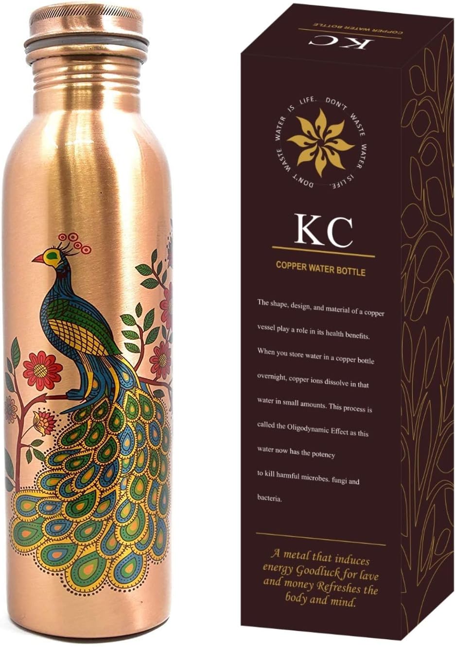 Pure Copper Peacock Designer Water Bottle with Advanced Leak Proof Protection, Ayurveda and Yoga Health Benefits. (1000ml, 1Unit, Pack of 1)