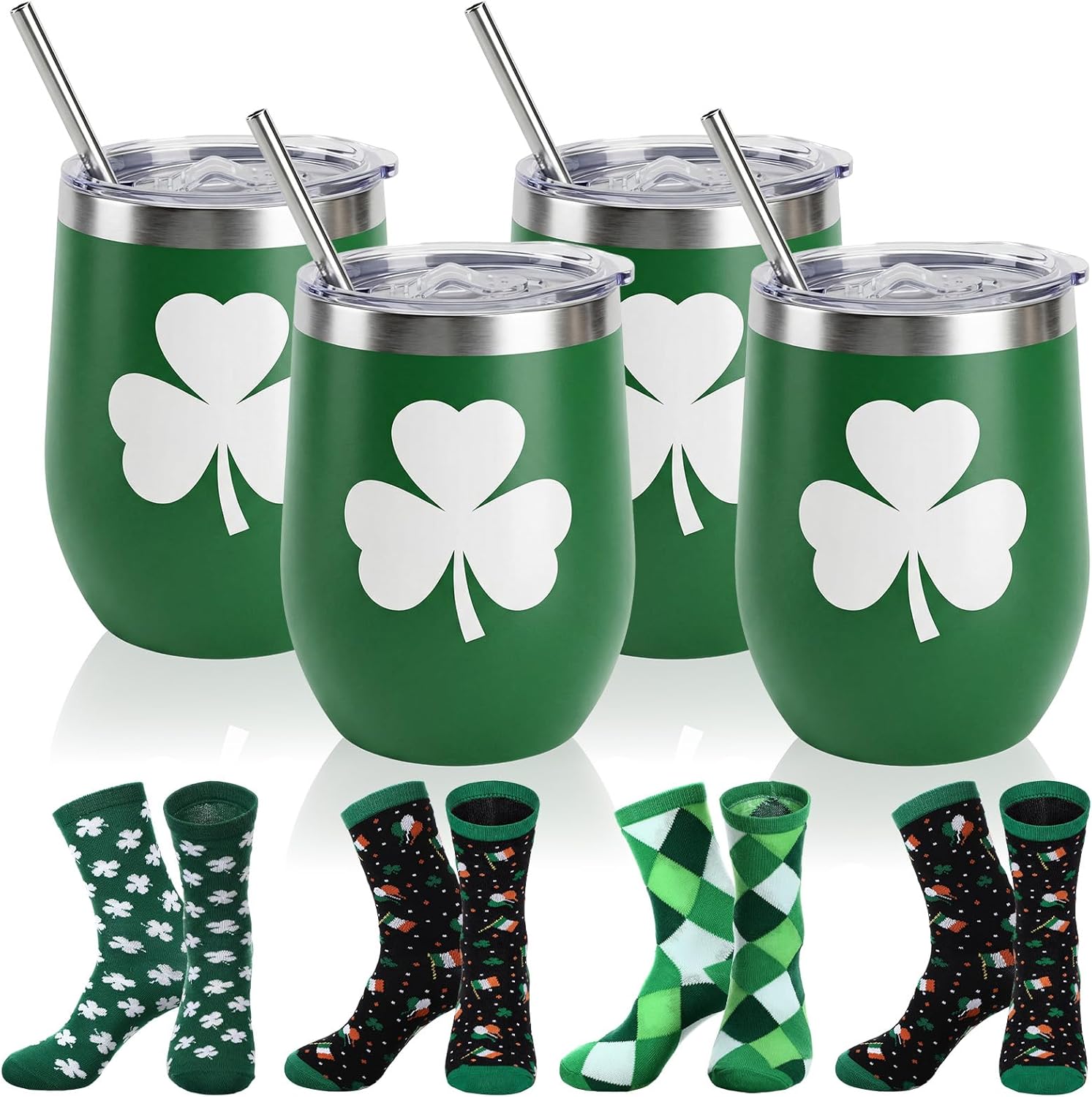 Layhit 8 Pcs St. Patrick Day Shamrock Gift Set 12 oz Clover Printed Tumbler with Lid and Socks Stainless Steel Mug Tumbler with Lids Straw Brush Socks Gift for Women Irish St. Patrick Day Party
